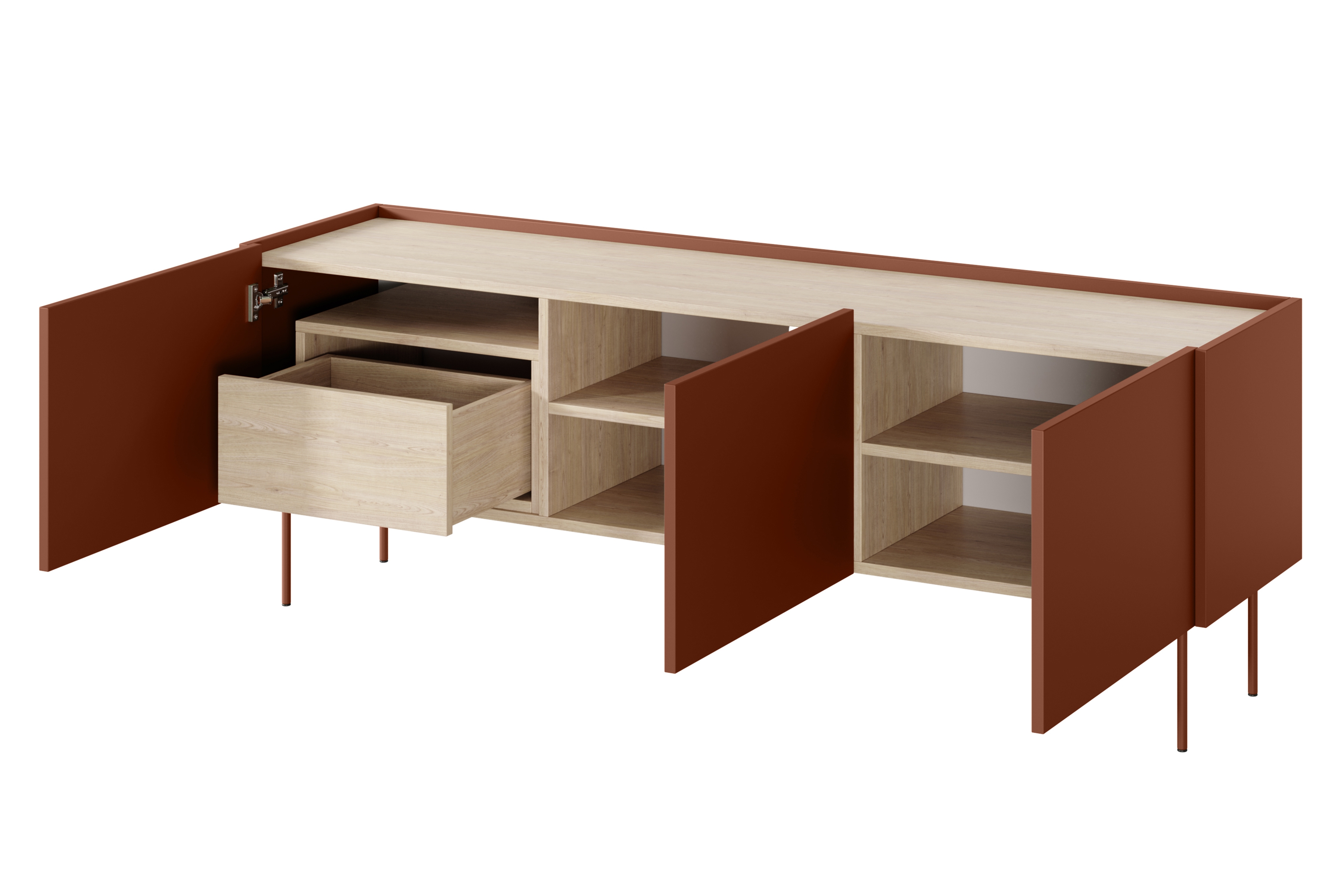 TV stolík Desin 170 cm s ukrytou zásuvkou - ceramic red / dub nagano TV skrinka Desin 170 cm z ukryta szuflada i metalowymi nogami - Červený / ceramic red / Dub nagano