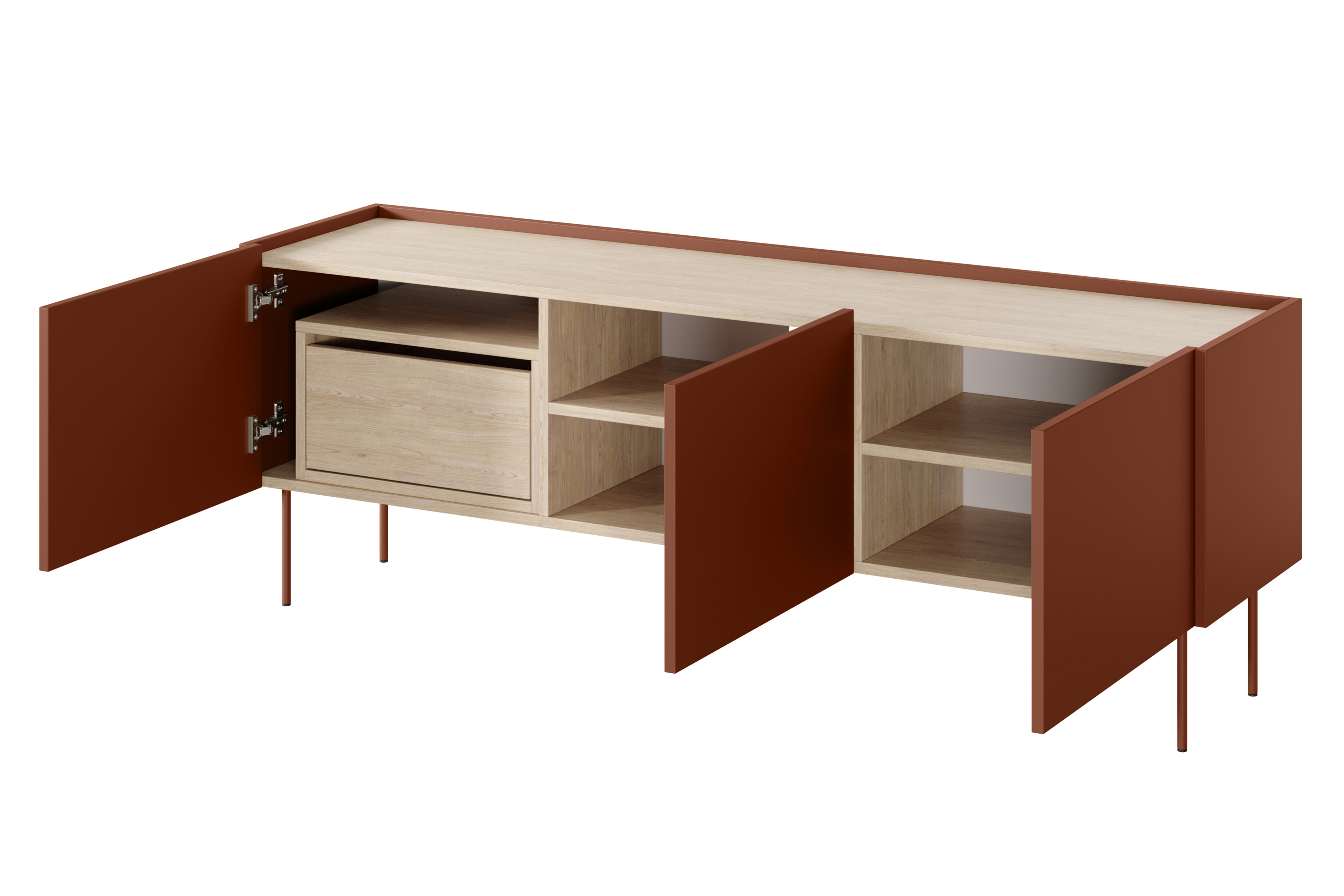 TV stolík Desin 170 cm s ukrytou zásuvkou - ceramic red / dub nagano TV skrinka Desin 170 cm z ukryta szuflada i metalowymi nogami - Červený / ceramic red / Dub nagano