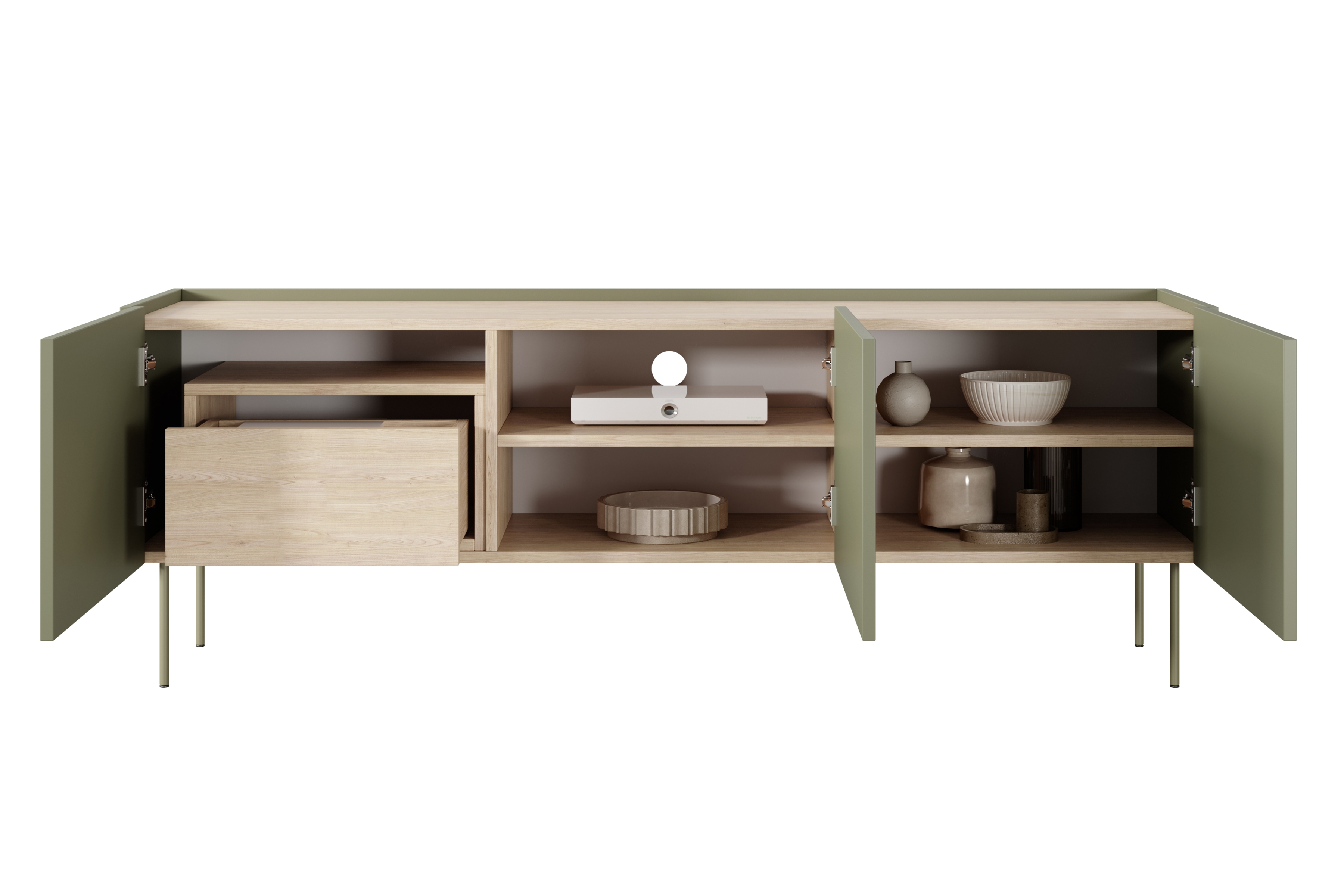TV stolík Desin 170 cm s ukrytou zásuvkou - olivová / dub nagano TV skrinka Desin 170 cm z ukryta szuflada i metalowymi nogami - Oliva / Dub nagano