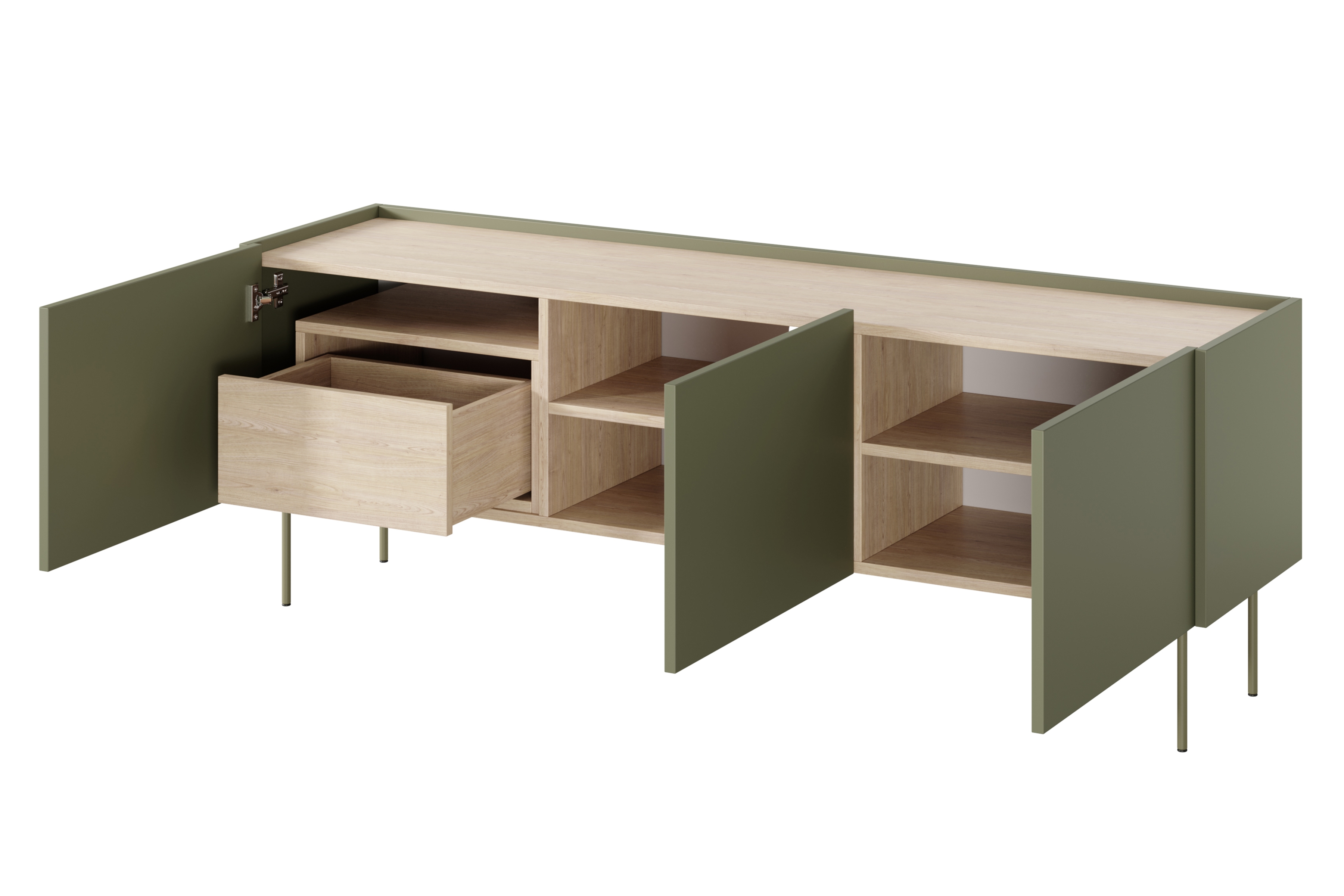 TV stolík Desin 170 cm s ukrytou zásuvkou - olivová / dub nagano TV skrinka Desin 170 cm z ukryta szuflada i metalowymi nogami - Oliva / Dub nagano