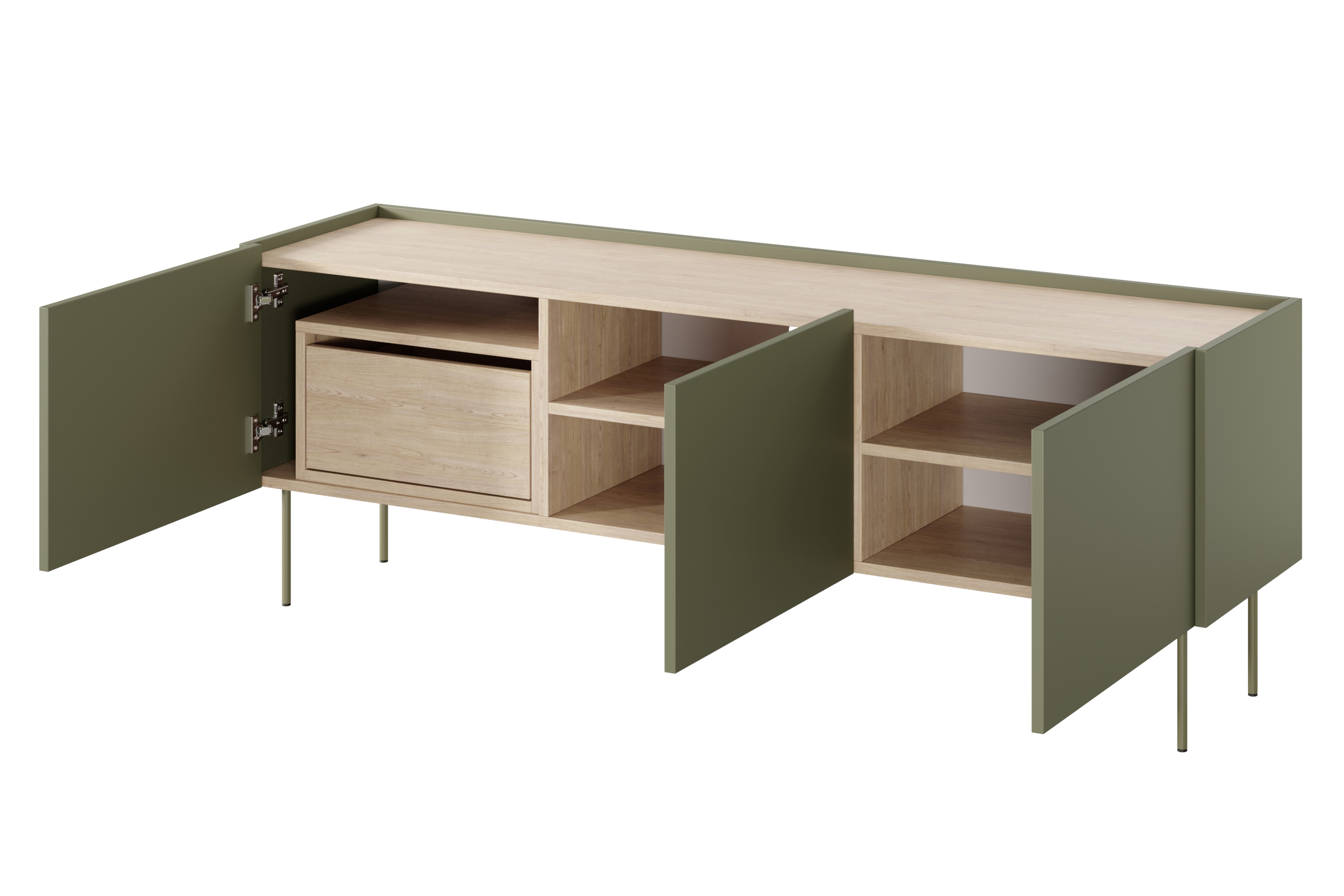 TV stolík Desin 170 cm s ukrytou zásuvkou - olivová / dub nagano TV skrinka Desin 170 cm z ukryta szuflada i metalowymi nogami - Oliva / Dub nagano