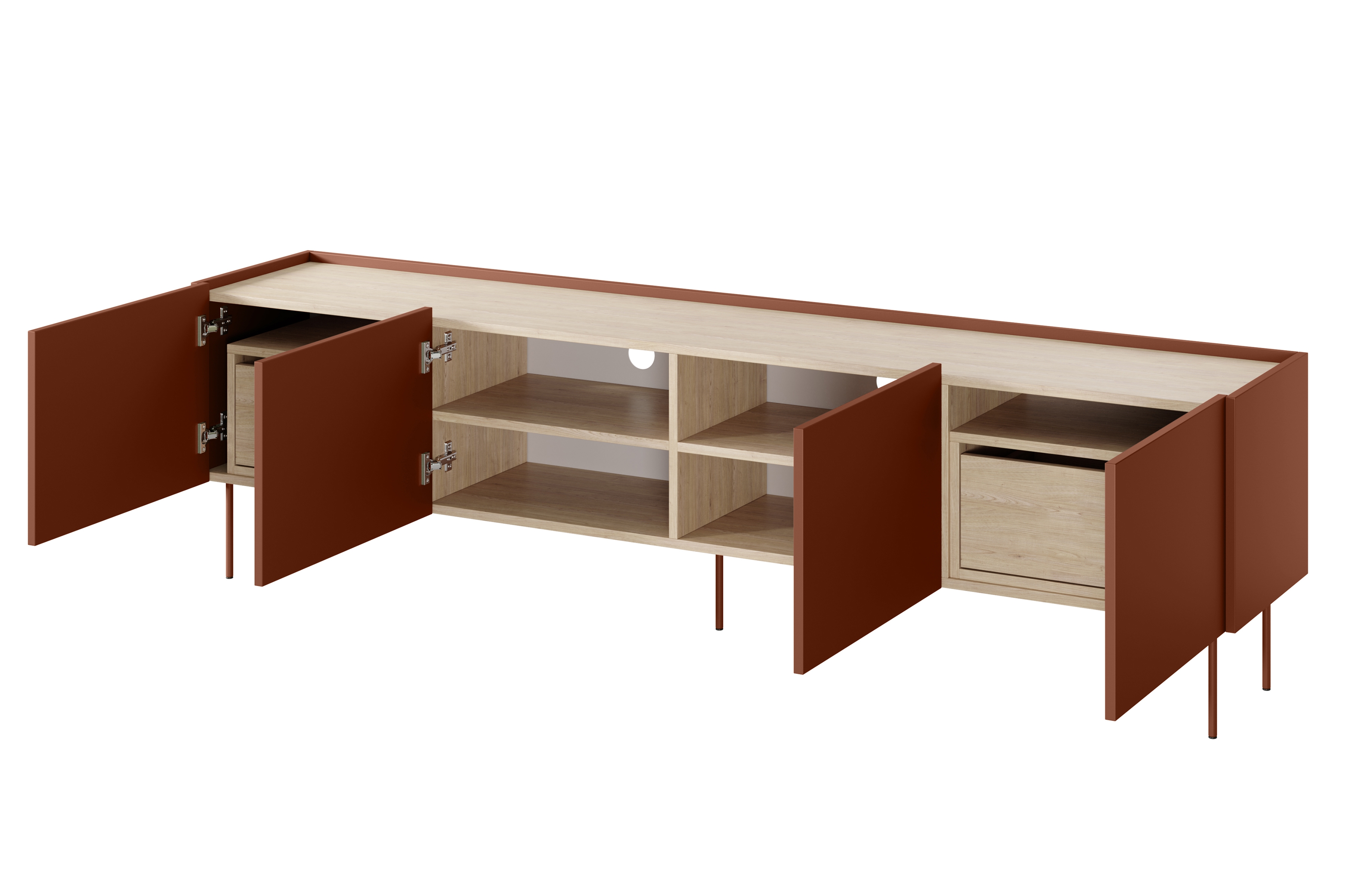 TV stolek Desin 220 cm se dvěma skrytými zásuvkami - ceramic red / dub nagano skříňka RTV Desin 220 cm z 2 ukrytymi zásuvkami - Červený / ceramic red / dub nagano