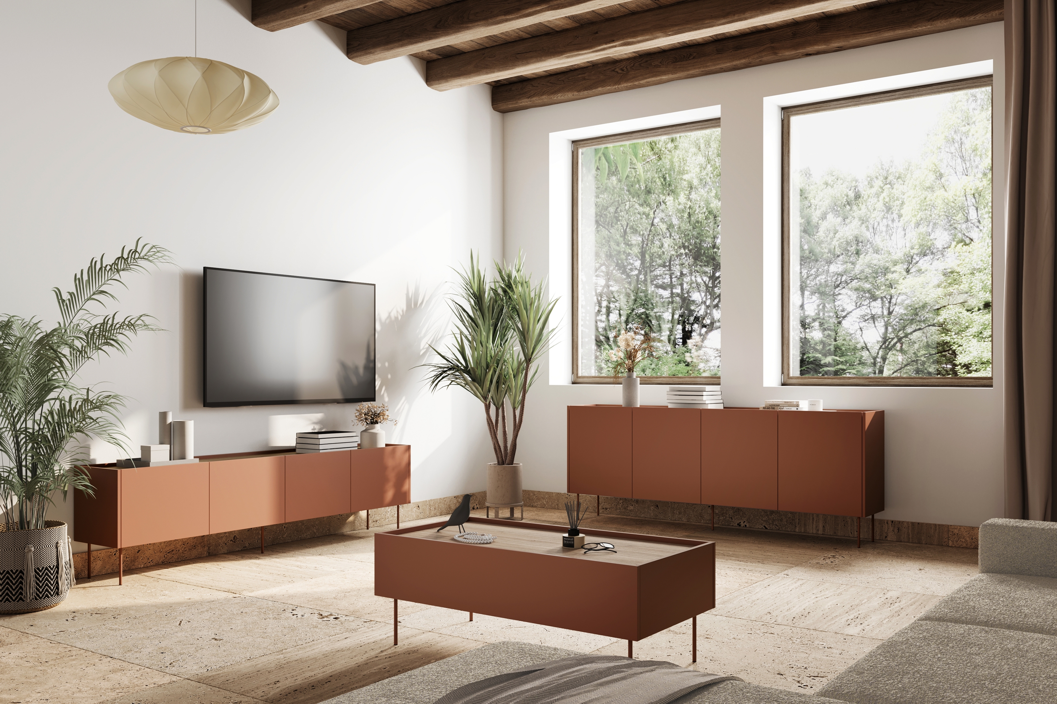 TV stolík Desin 220 cm - ceramic red / dub nagano TV skrinka Desin 220 cm z metalowymi nogami - ceramic red / Dub nagano