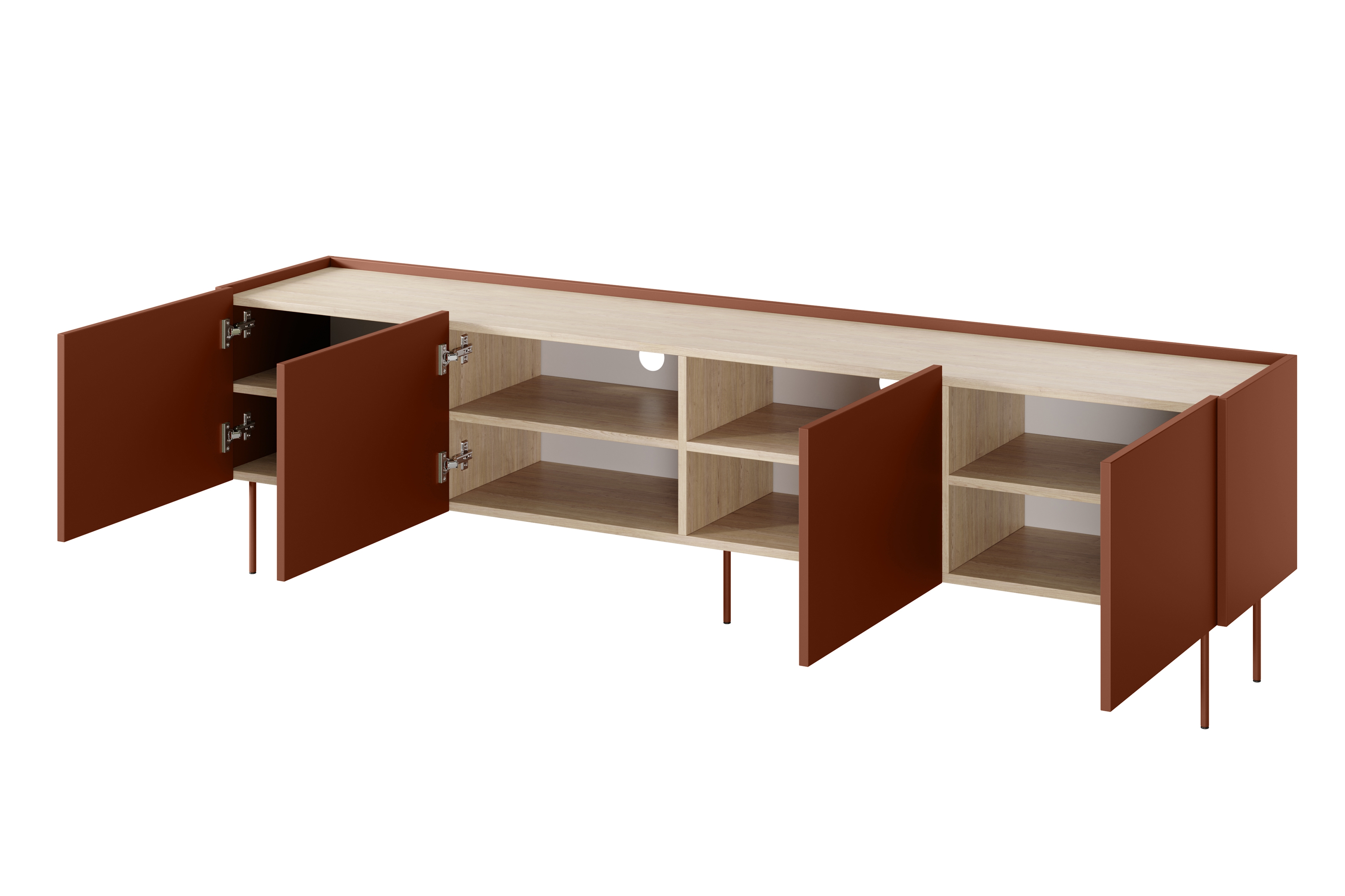 TV stolík Desin 220 cm - ceramic red / dub nagano TV skrinka Desin 220 cm z metalowymi nogami - ceramic red / Dub nagano