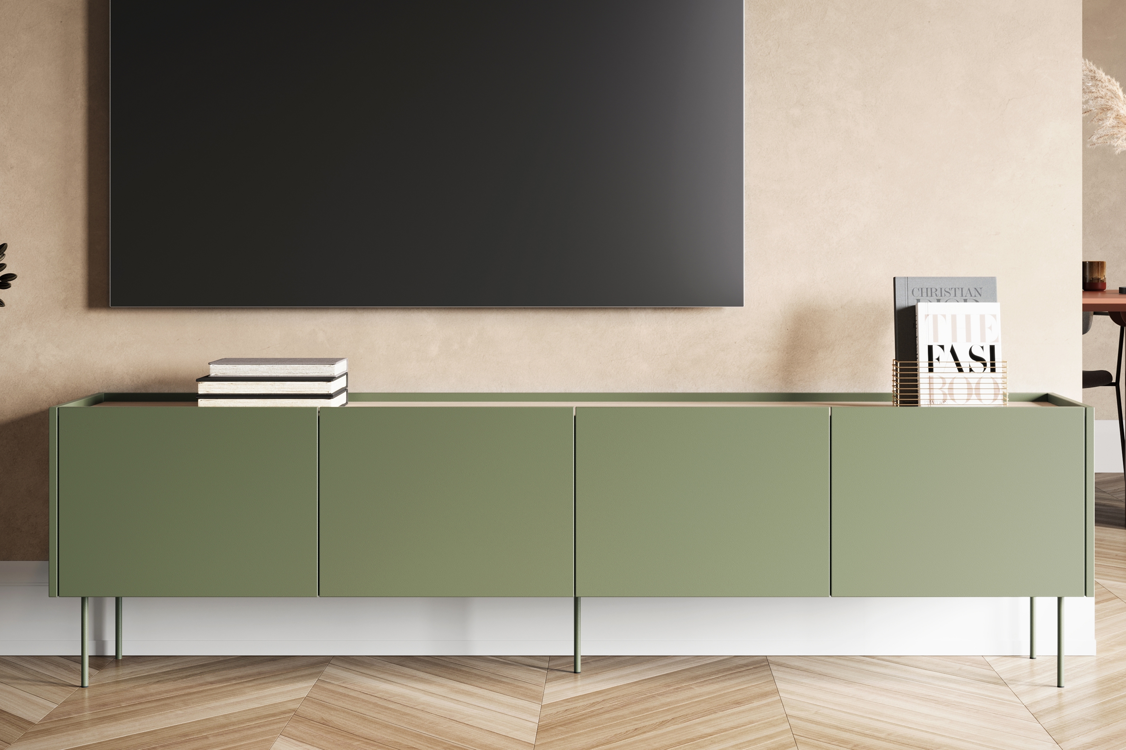 TV stolík Desin 220 cm - olivová / dub nagano TV skrinka Desin 220 cm z metalowymi nogami - Oliva / Dub nagano