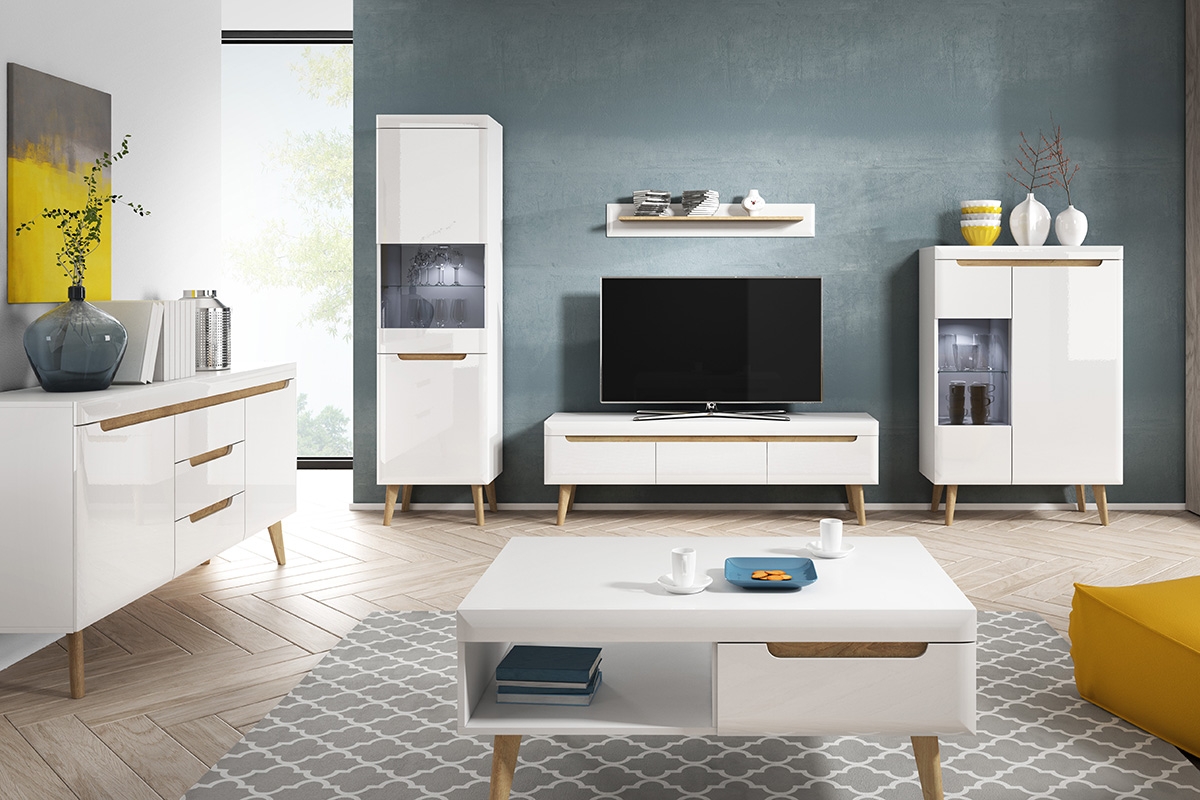 TV stolek Dorin 107 cm - bílý lesk / dub riviera Nábytek bílý do obývacího pokoje