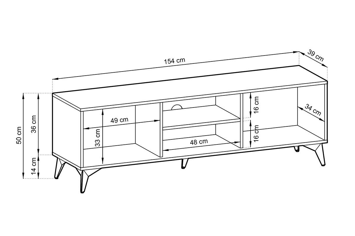 TV stolík dvojdverová s otvorenou policou Sewana 154 - Dub evoke / Čierny TV skrinka dvojdverová s výklenkom Sewana 154 - Dub evoke / Čierny - Rozmery
