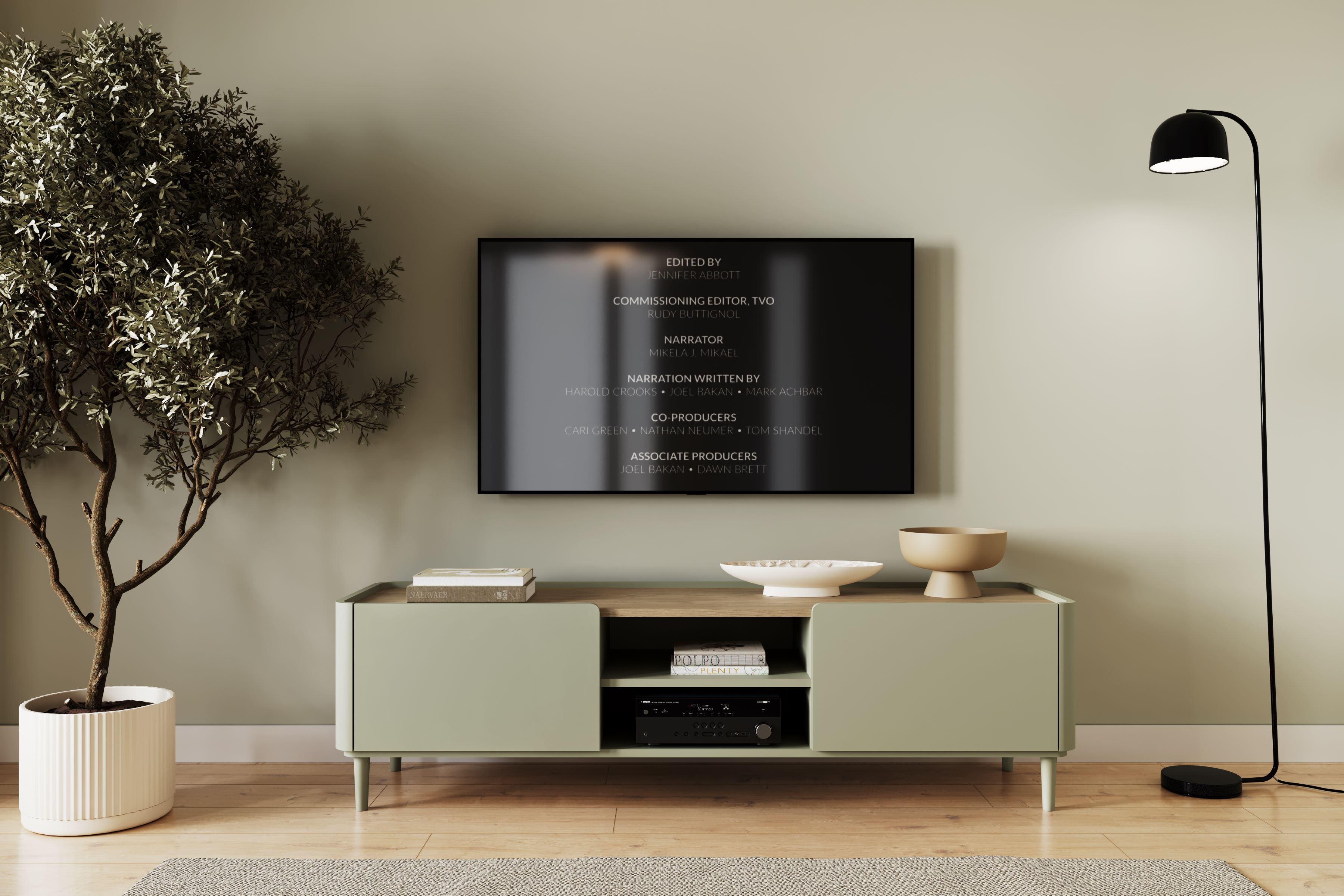 TV stolík Elivo 170 cm na nožičkách - eukalyptus / dub baltic dune TV skrinka Elivo 170 cm na nôžkach - eukaliptus / Dub baltic dune