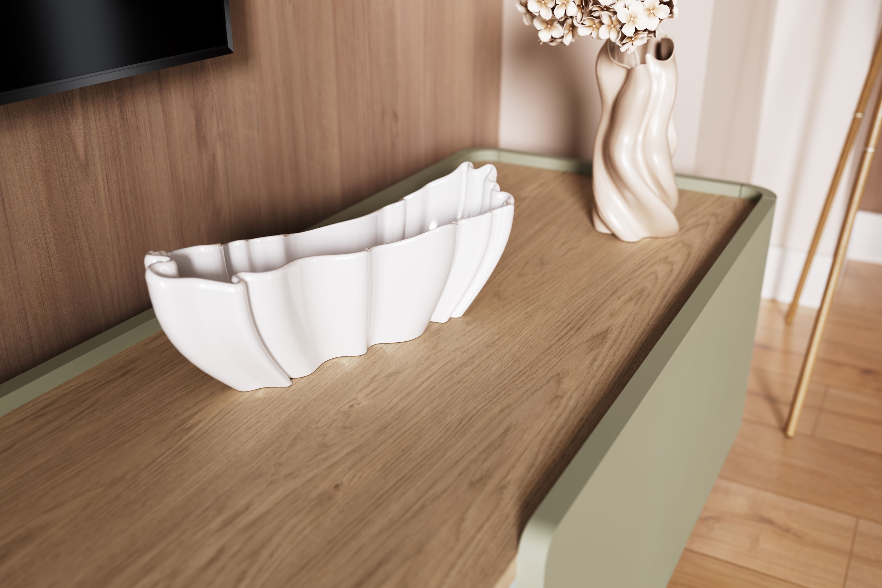 TV stolík Elivo 170 cm na nožičkách - eukalyptus / dub baltic dune TV skrinka Elivo 170 cm na nôžkach - eukaliptus / Dub baltic dune