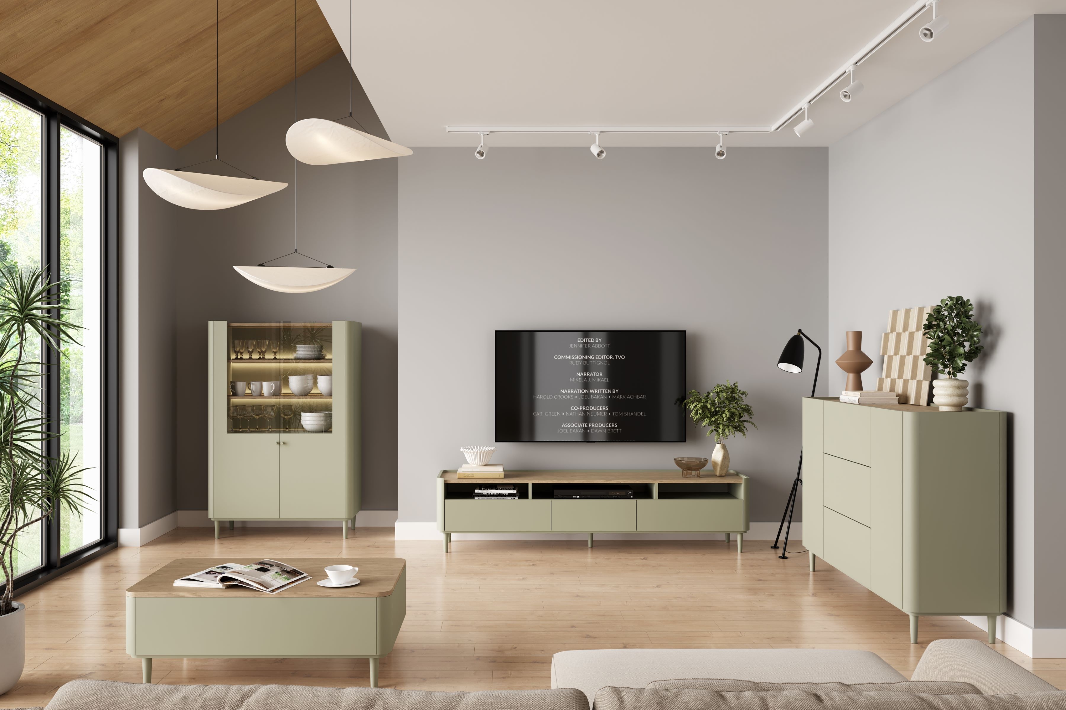 TV stolík Elivo 200 cm na nožičkách - eukalyptus / dub baltic dune TV skrinka Elivo 200 cm na nôžkach - eukaliptus / Dub baltic dune