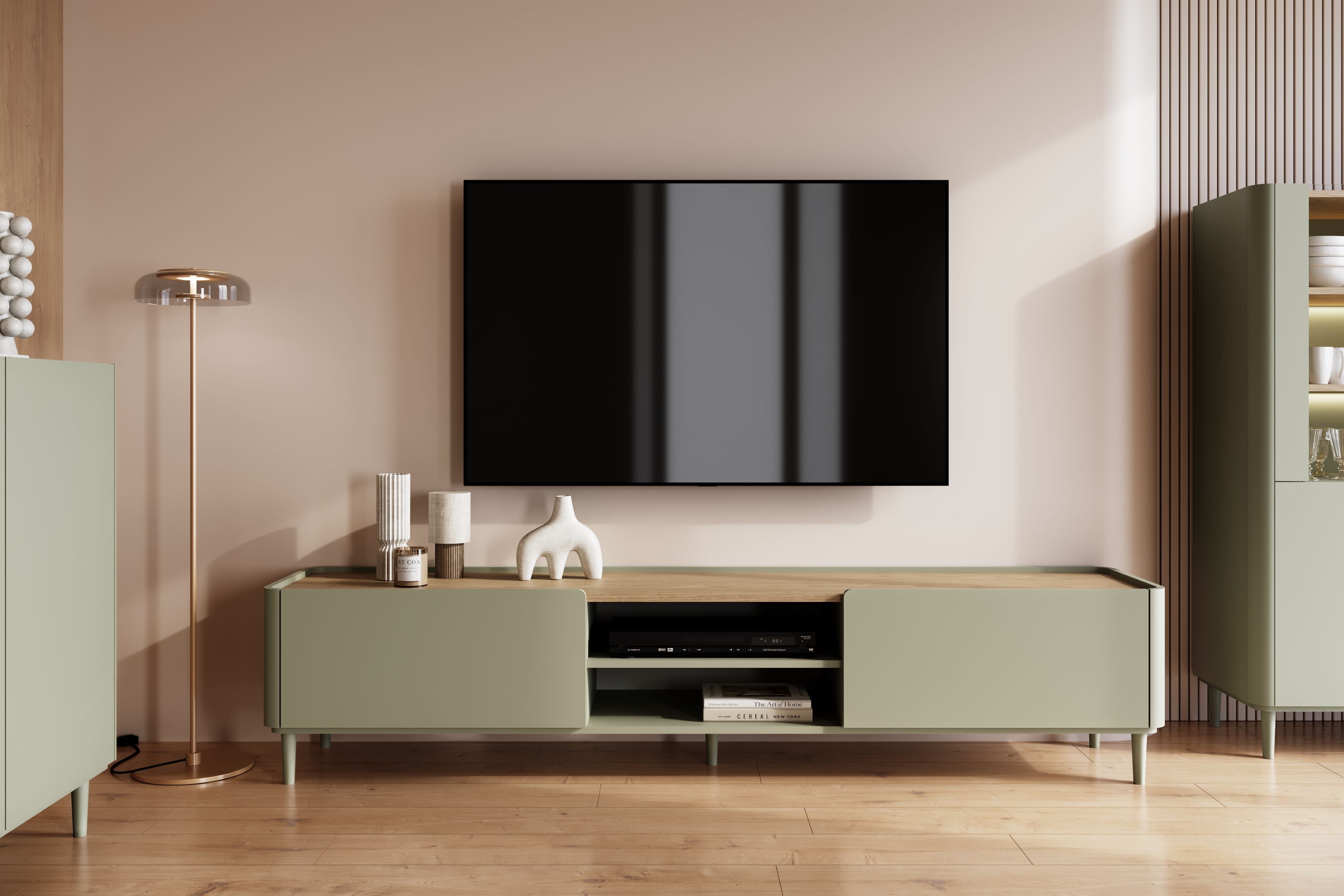 TV stolík Elivo 220 cm na nožičkách - eukalyptus / dub baltic dune TV skrinka Elivo 220 cm na nôžkach - eukaliptus / Dub baltic dune