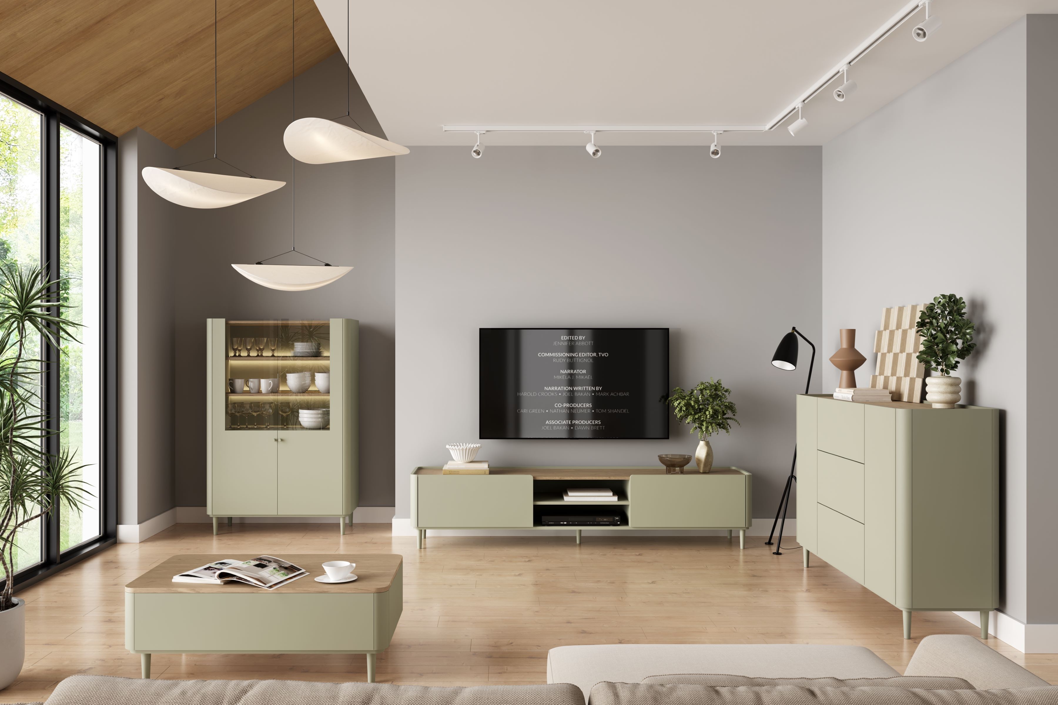 TV stolík Elivo 220 cm na nožičkách - eukalyptus / dub baltic dune TV skrinka Elivo 220 cm na nôžkach - eukaliptus / Dub baltic dune