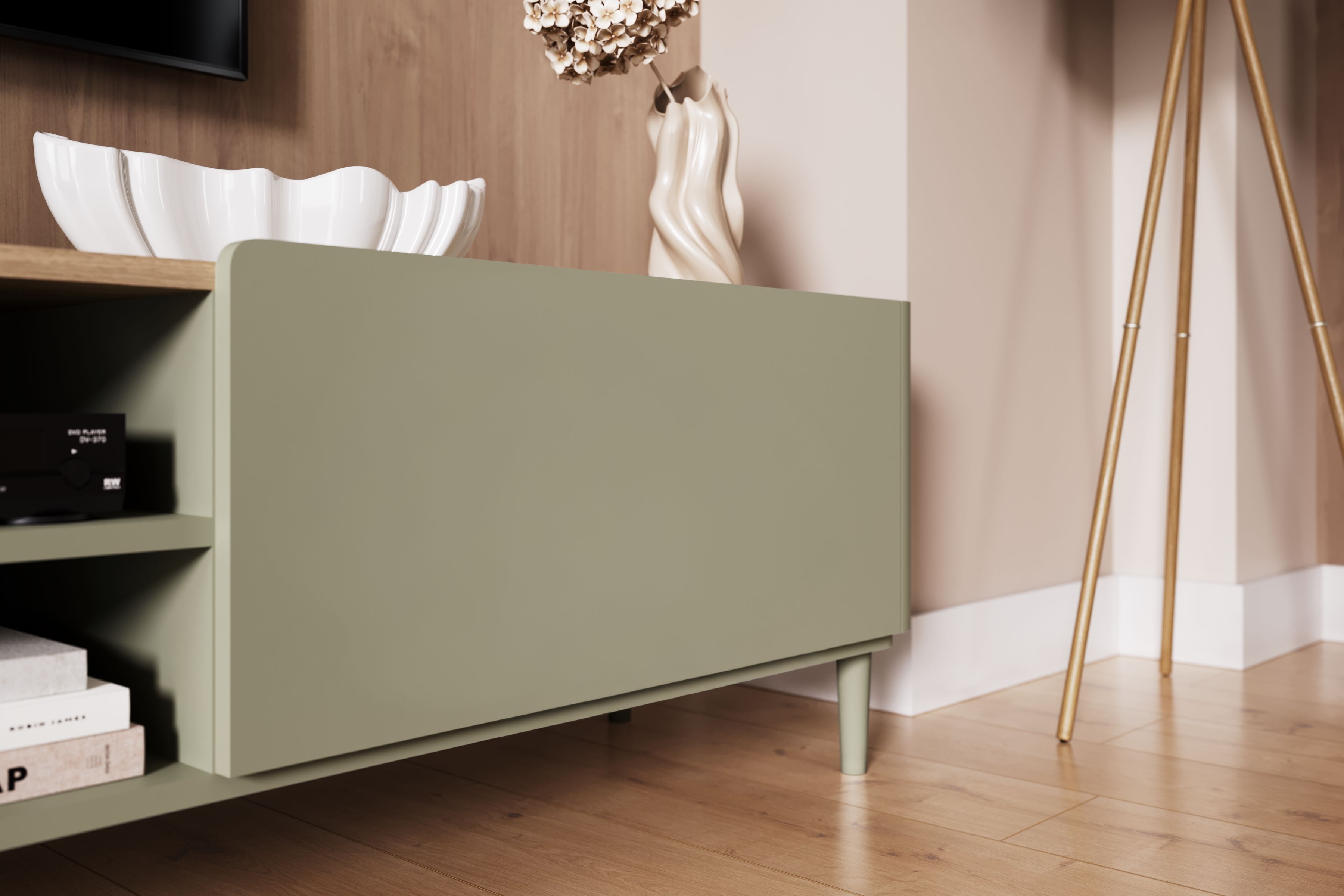 TV stolík Elivo 220 cm na nožičkách - eukalyptus / dub baltic dune TV skrinka Elivo 220 cm na nôžkach - eukaliptus / Dub baltic dune