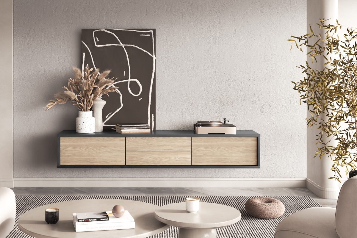 TV stolík Frida 180 cm so zásuvkami - antracitová / dub olejovaný TV skrinka Frida 39 so zásuvkami 180 cm - Antracytová / Dub olejowany