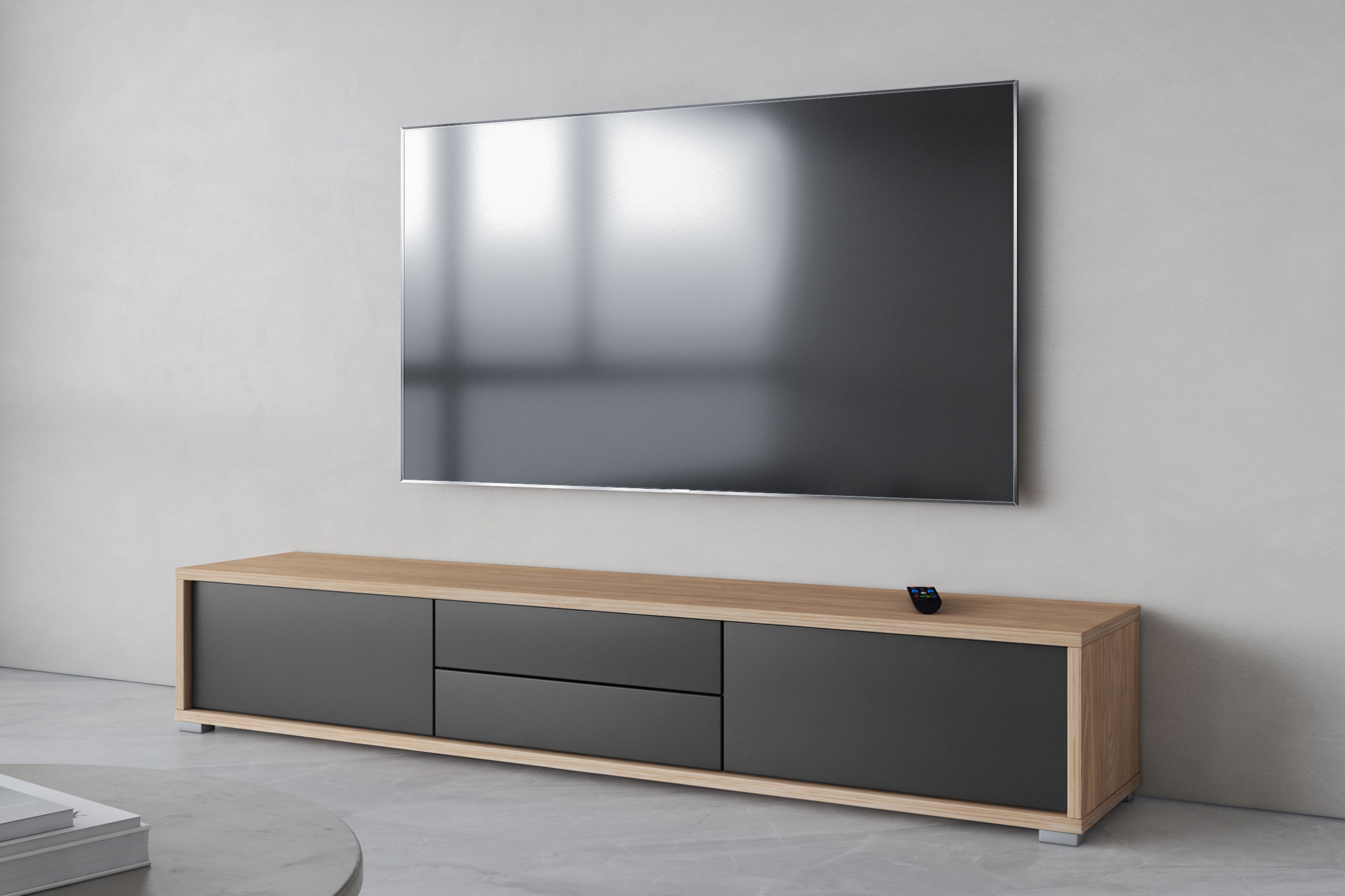 TV stolík Frida 180 cm so zásuvkami - dub olejovaný / antracitová TV skrinka Frida 39 so zásuvkami 180 cm - Dub olejowany / Antracytová