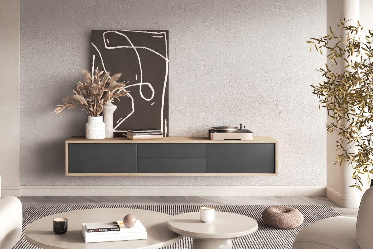TV stolík Frida 180 cm so zásuvkami - dub olejovaný / antracitová TV skrinka Frida 39 so zásuvkami 180 cm - Dub olejowany / Antracytová