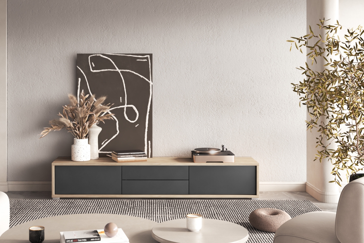 TV stolík Frida 180 cm so zásuvkami - dub olejovaný / antracitová TV skrinka Frida 39 so zásuvkami 180 cm - Dub olejowany / Antracytová