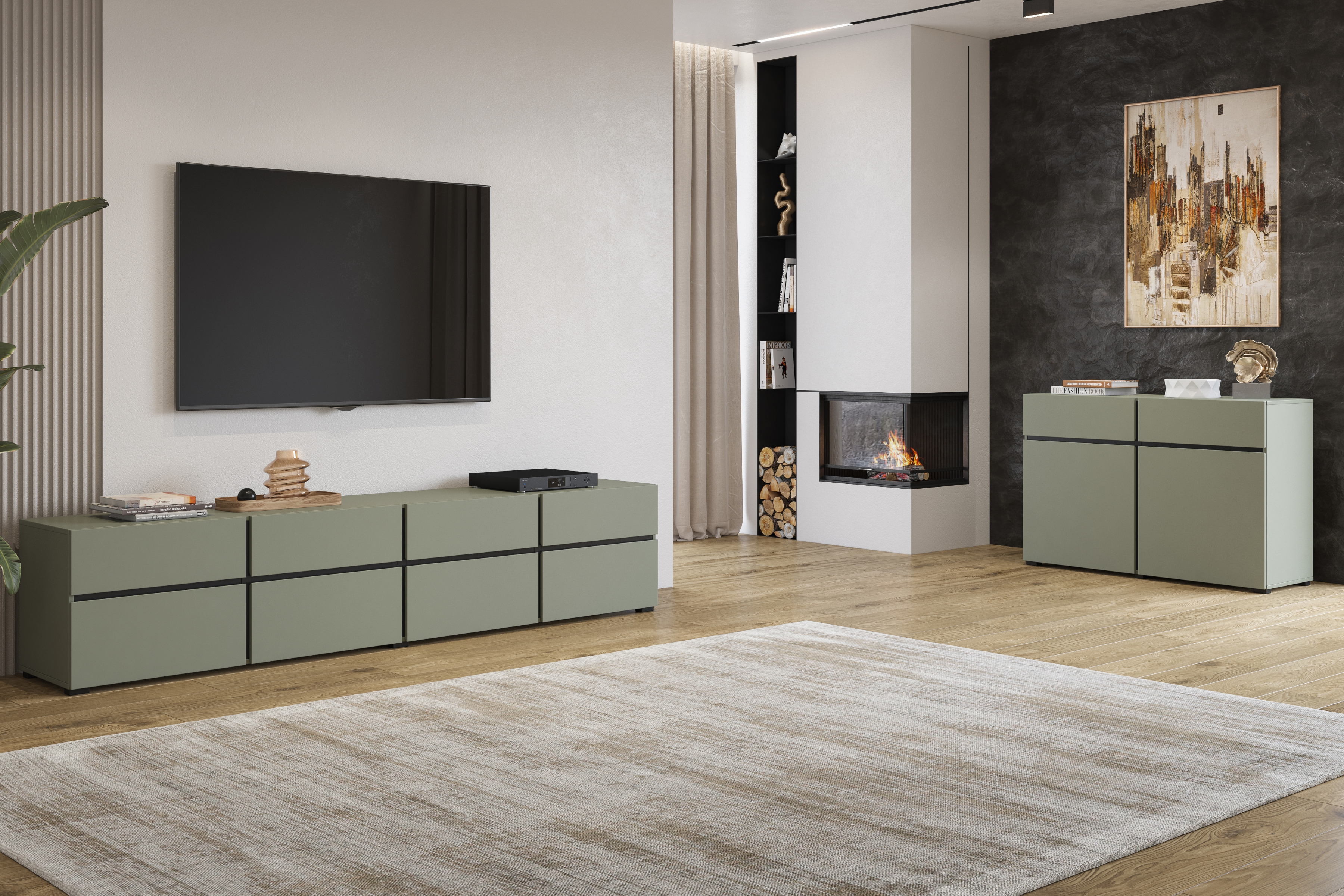 TV stolek Cross 225 cm se zásuvkami - zelený / černý skříňka RTV Gramon 225 cm se zásuvkami - zelená / černá