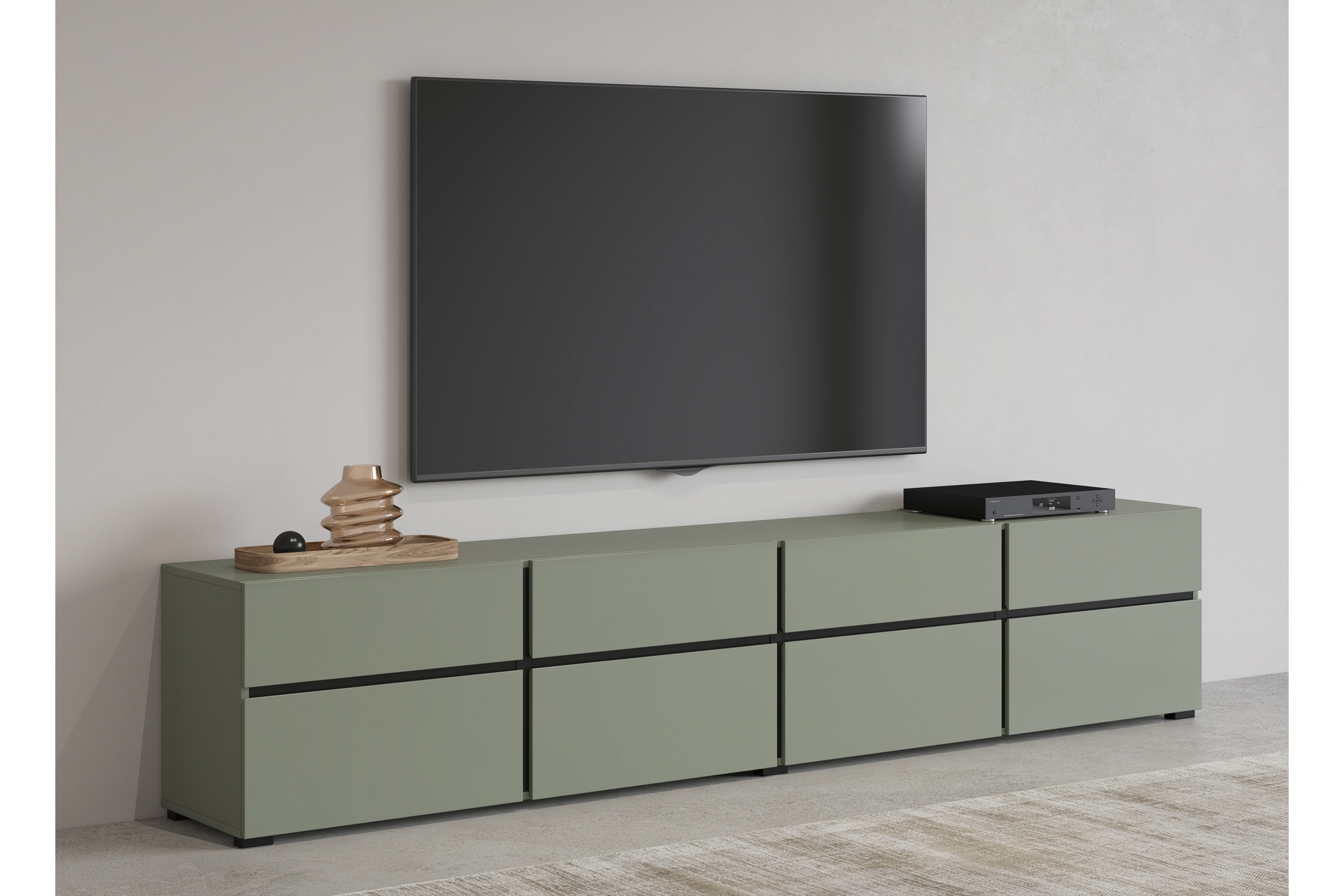 TV stolek Cross 225 cm se zásuvkami - zelený / černý skříňka RTV Gramon 225 cm se zásuvkami - zelená / černá