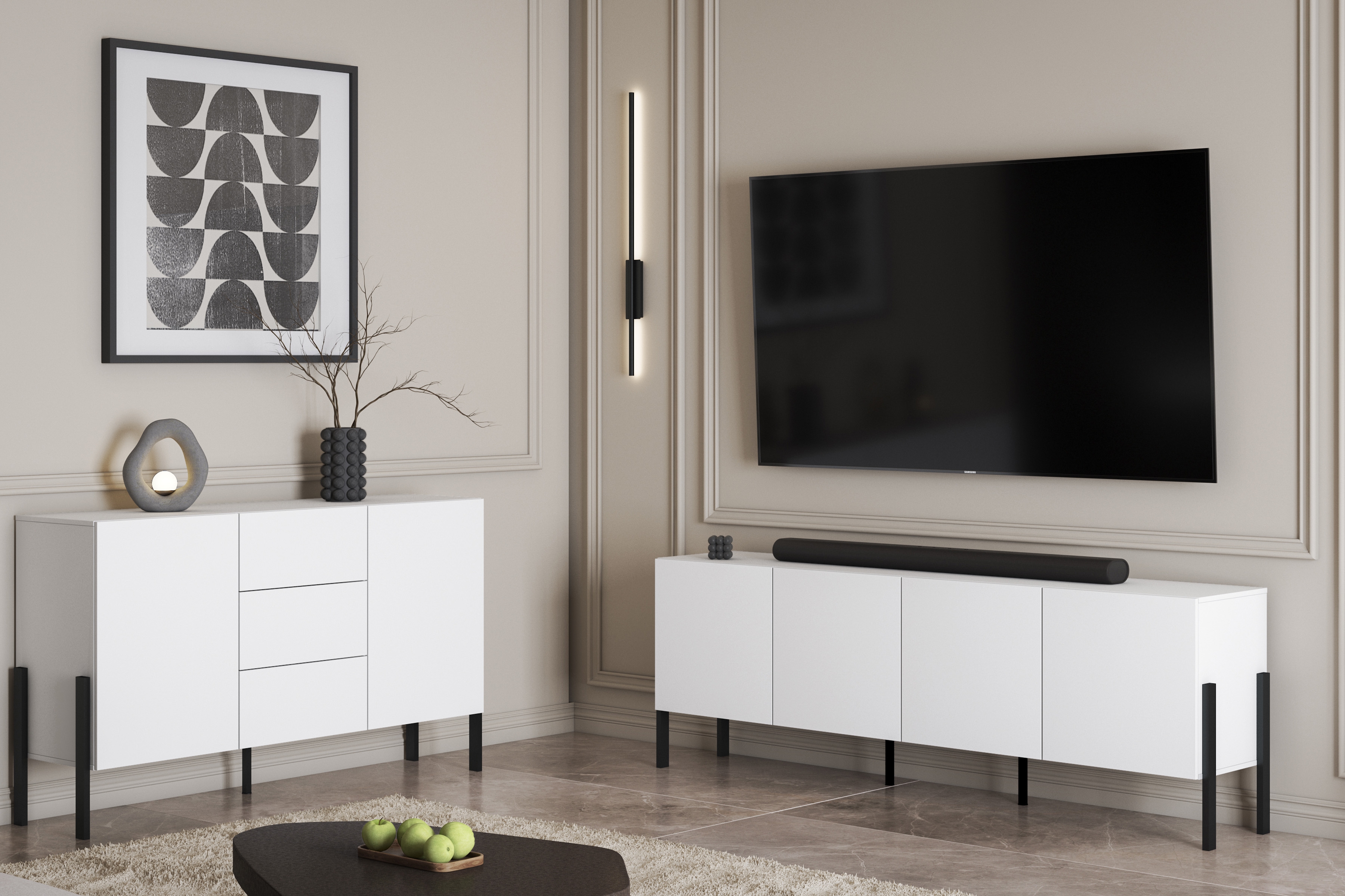 TV skrinka Jukon 204 cm - biely supermat / čierne nožičky TV skrinka Jukon 204 cm - Biely supermat / čierny nožičky