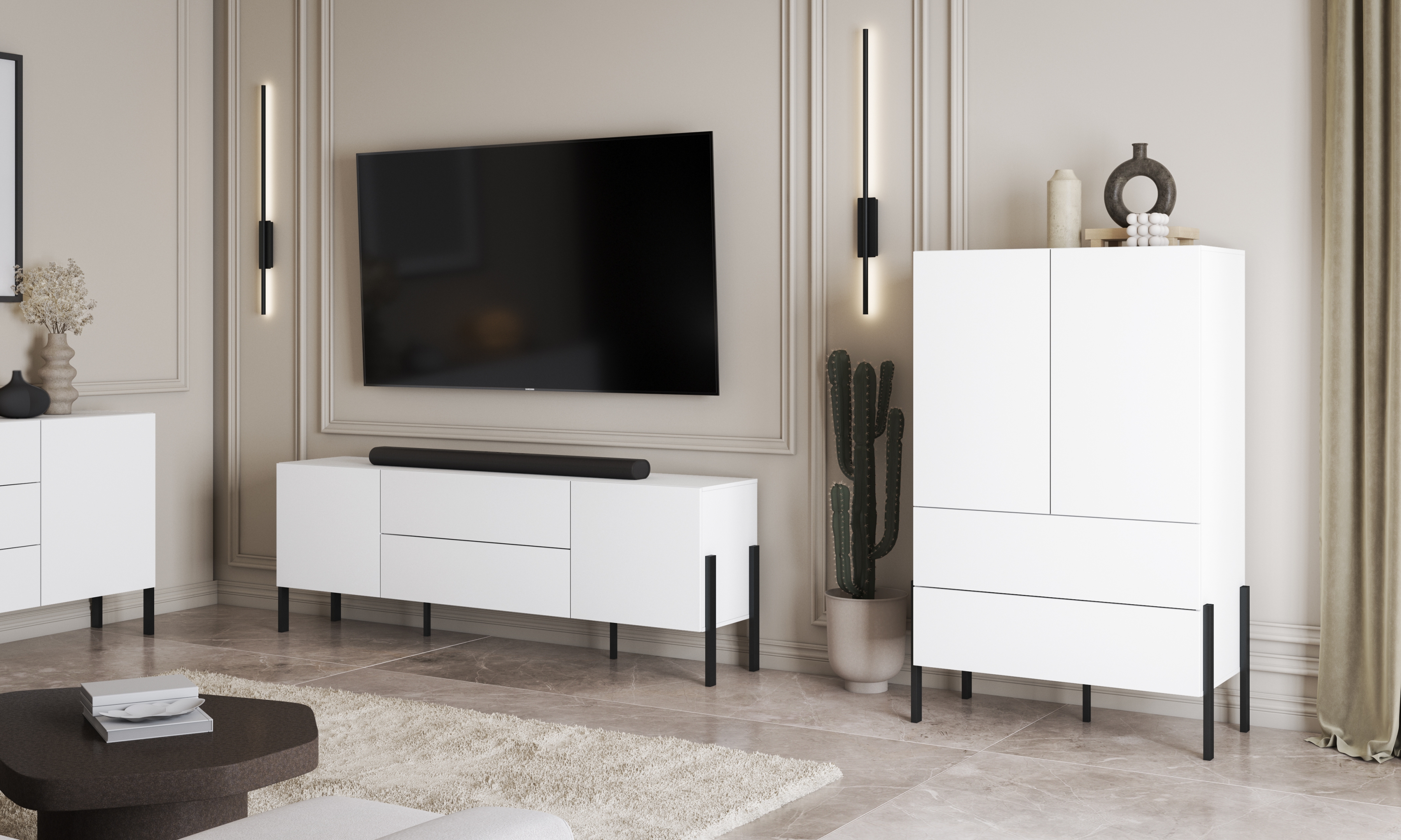 TV skrinka Jukon so zásuvkami 204 cm - biely supermat / čierne nožičky TV skrinka Jukon so zásuvkami 204 cm - Biely supermat / čierny nožičky