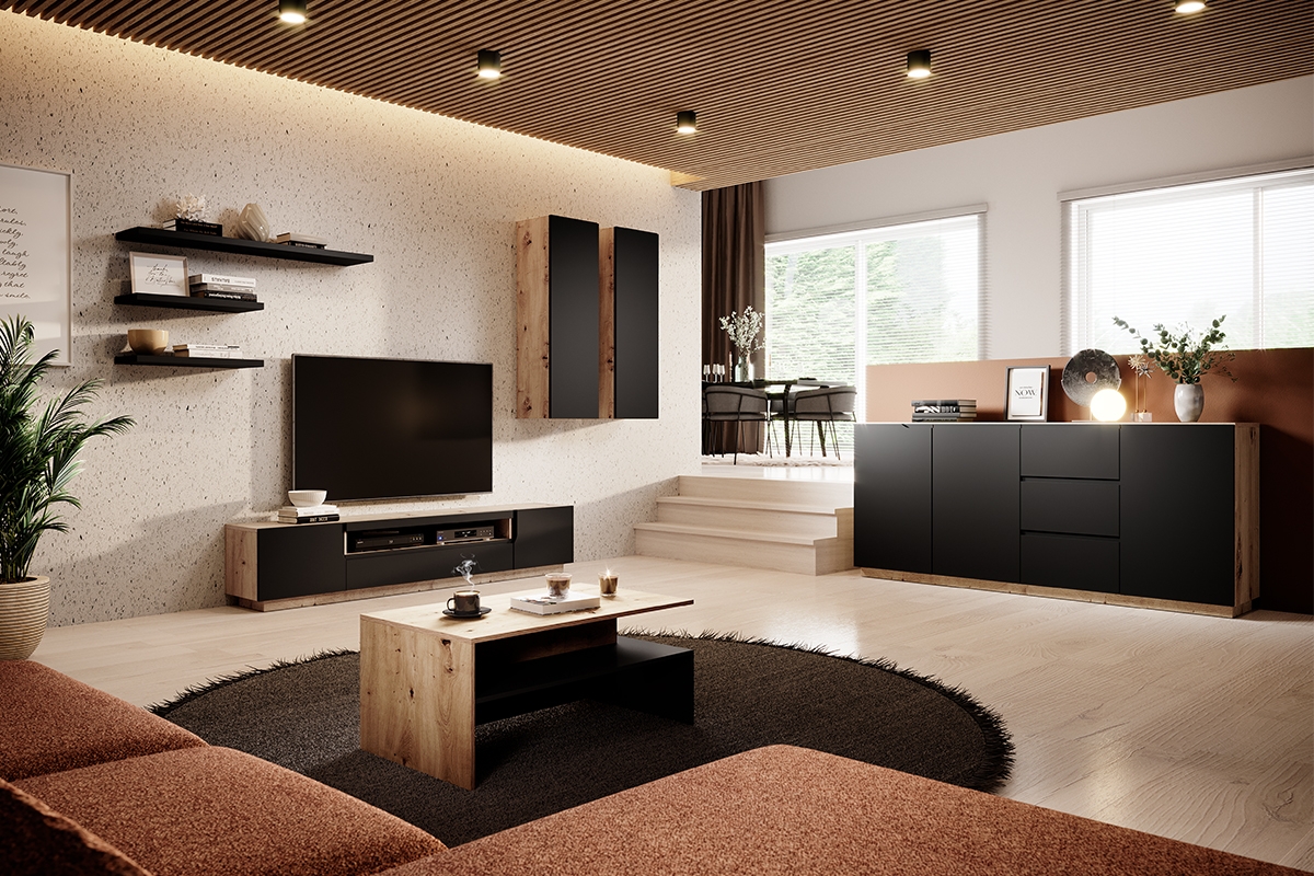 TV stolek Loftia 200 cm dvoudveřový s výklenkem - dub artisan / černý mat Skříňka tv