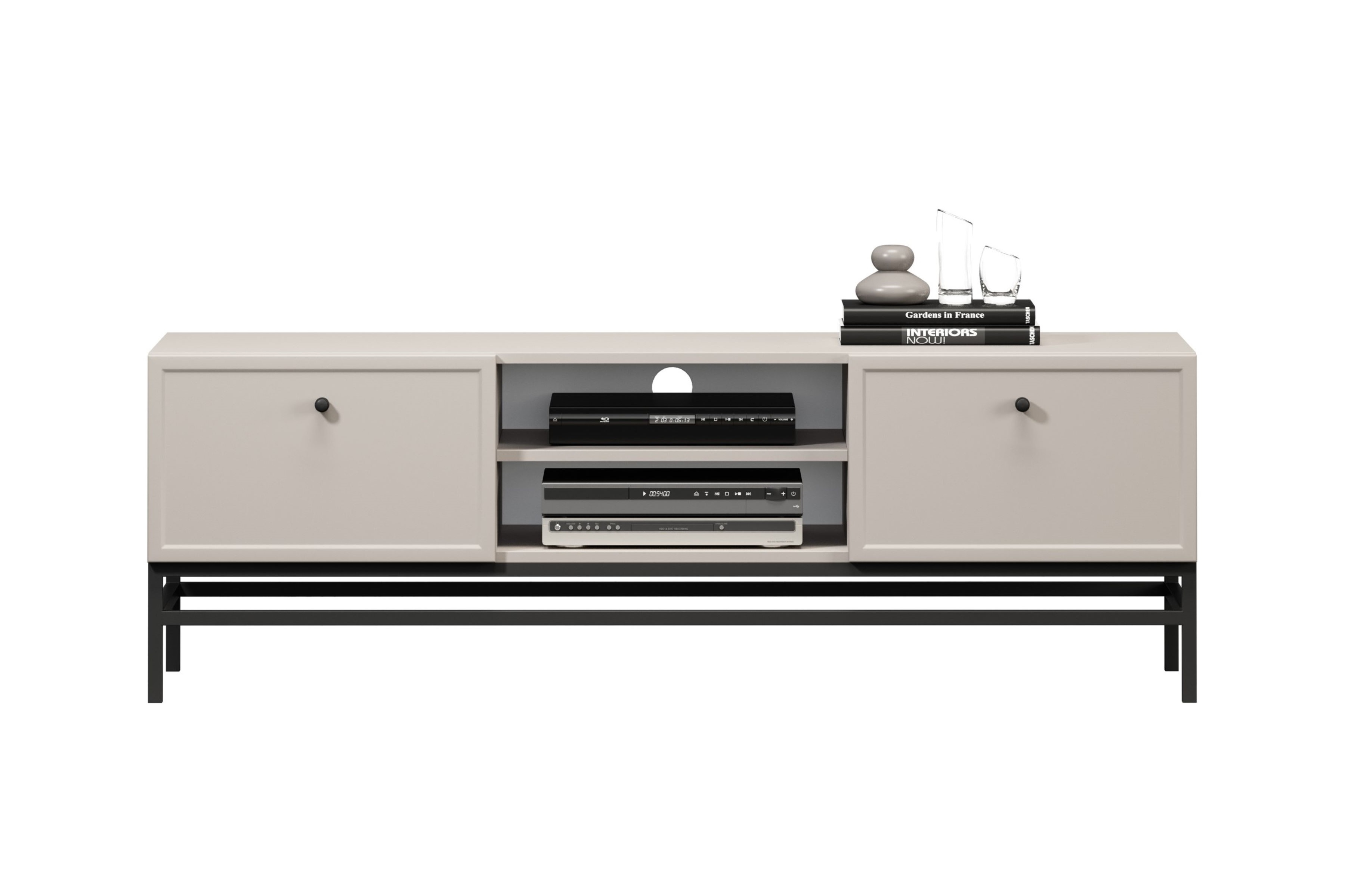 TV stolík Lorini 150 cm na stojane – kašmírová / čierne úchytky TV skrinka Lorini 150 cm so zásuvkami - kašmír / čierny úchyty / Rošt