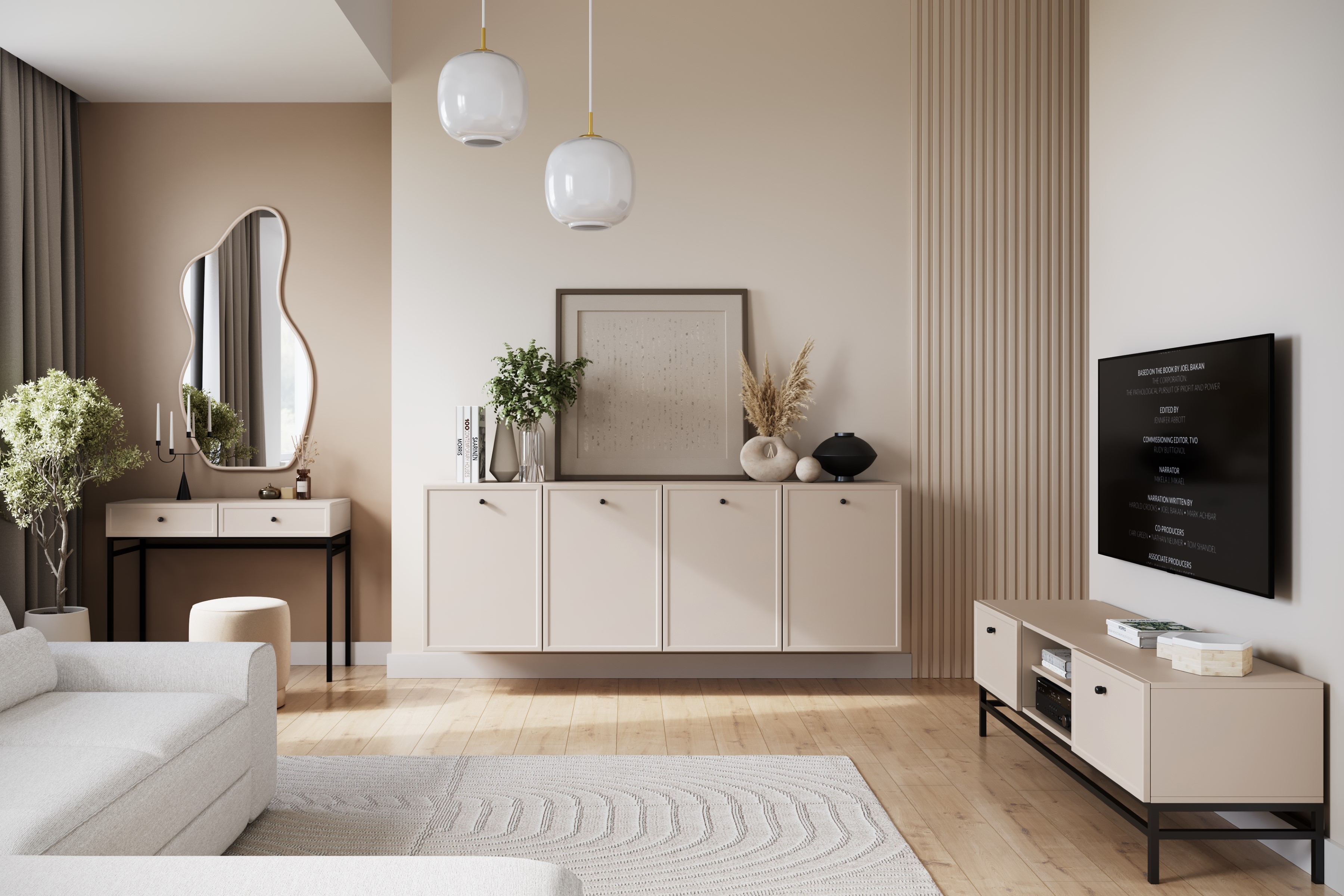 TV stolík Lorini 150 cm na stojane – kašmírová / čierne úchytky TV skrinka Lorini 150 cm so zásuvkami - kašmír / čierny úchyty / Rošt