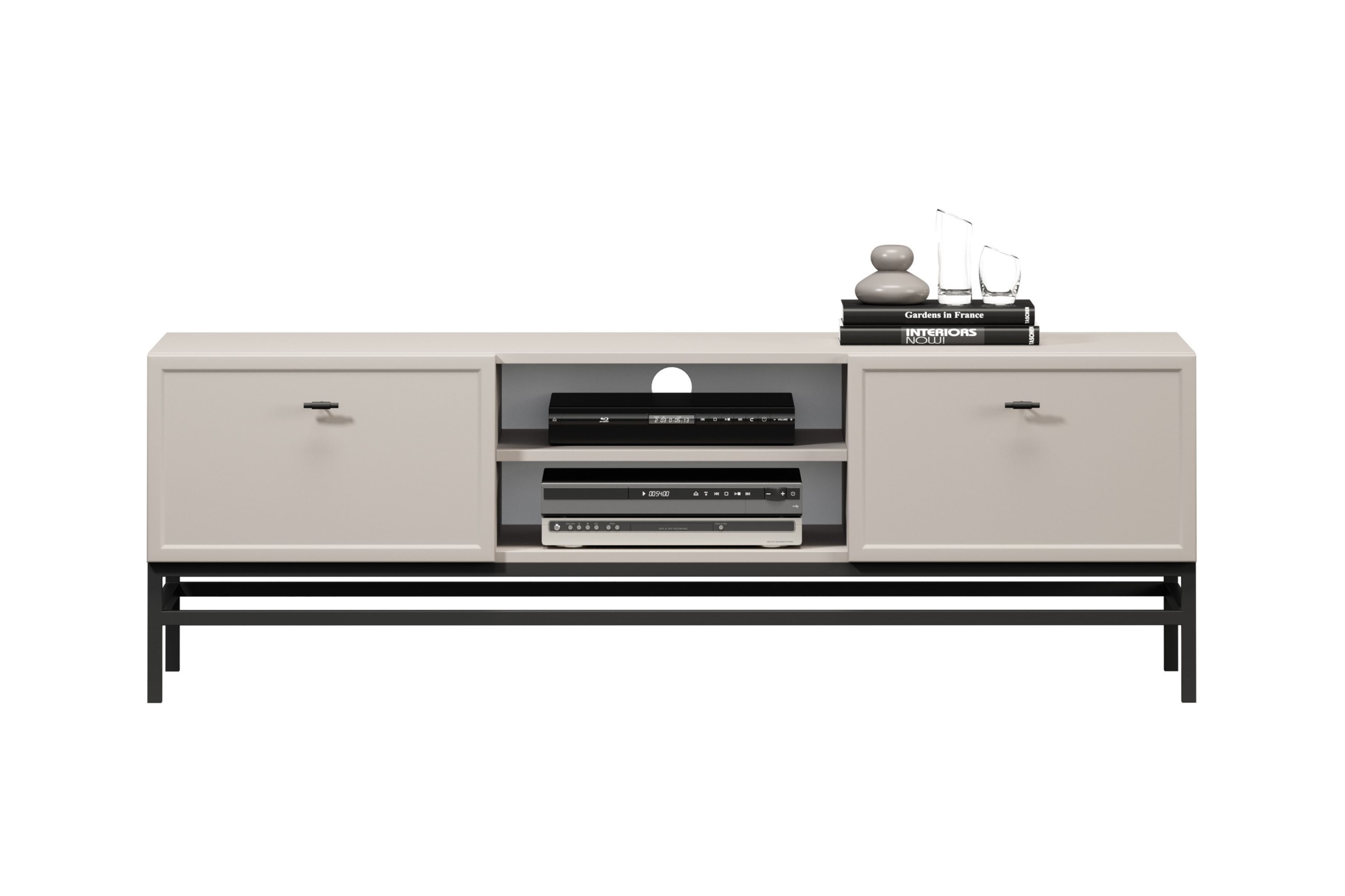 TV stolek Lorini 150 cm se zásuvkami – kašmírová / černé úchytky T-bar / černý podstavec skříňka RTV Lorini 150 cm se zásuvkami - kašmír / černá Úchytky T-bar / Rošt