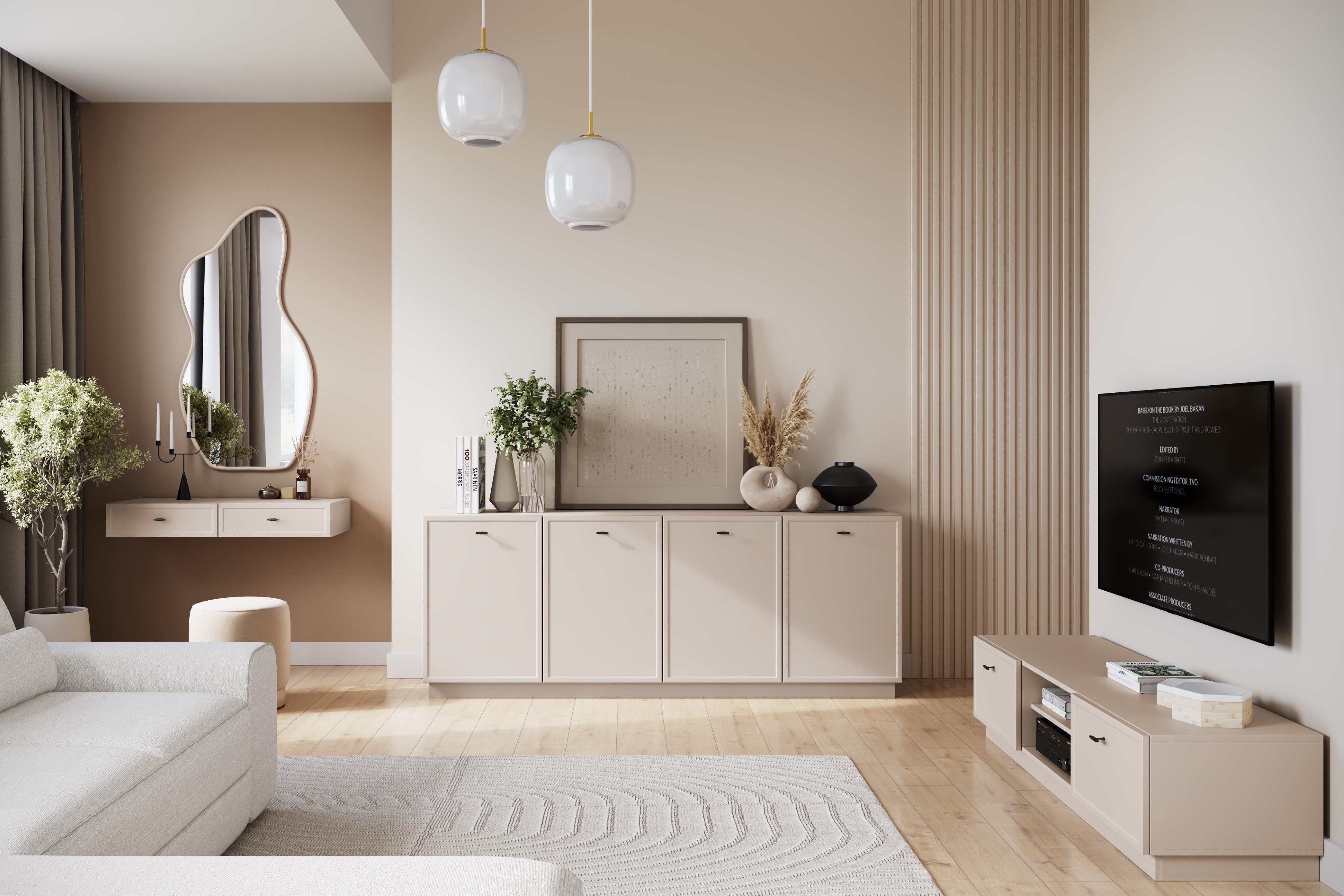 TV stolík Lorini 150 cm na sokli – kašmírová / čierne úchytky T TV skrinka Lorini 150 cm so zásuvkami - kašmír / čierny úchyty T-bar