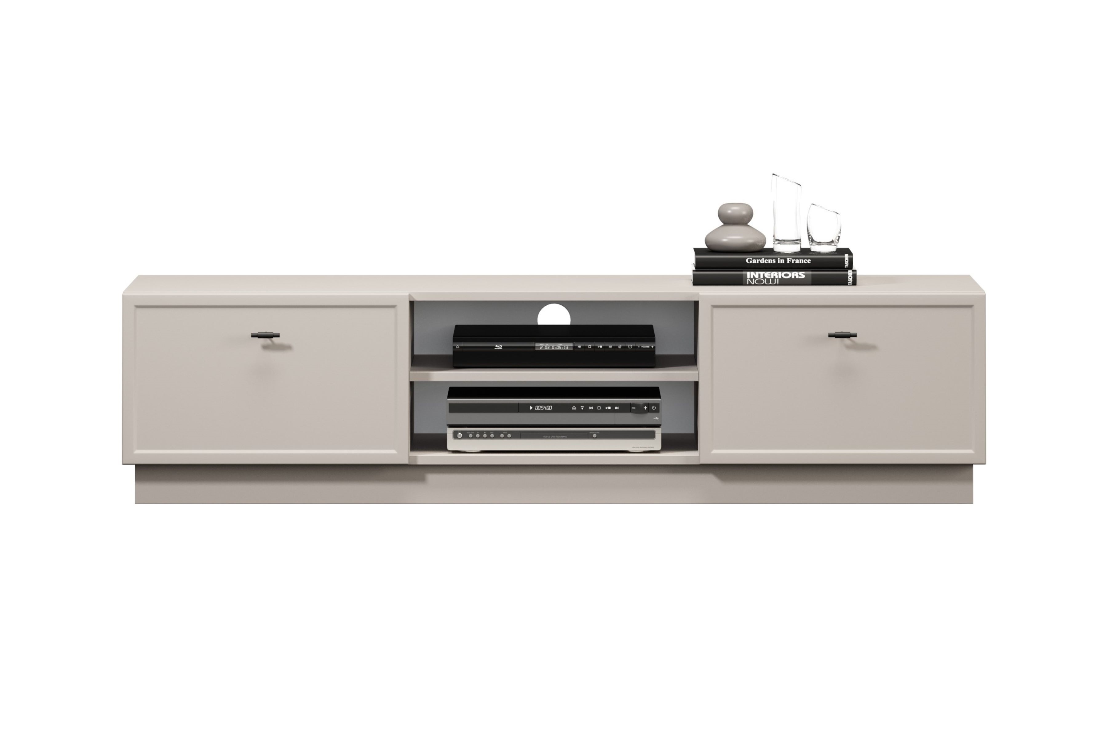 TV stolík Lorini 150 cm na sokli – kašmírová / čierne úchytky T TV skrinka Lorini 150 cm so zásuvkami - kašmír / čierny úchyty T-bar