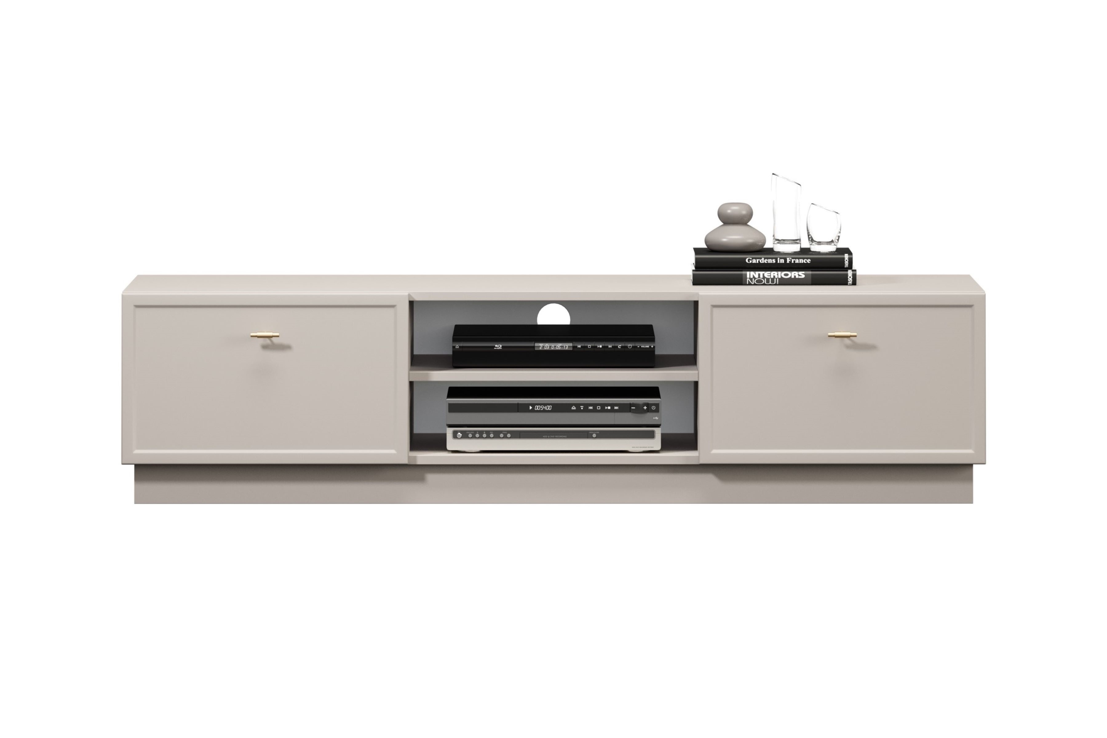 TV stolík Lorini 150 cm na sokli – kašmírová / zlaté úchytky T TV skrinka Lorini 150 cm so zásuvkami - kašmír / zlote úchyty T-bar