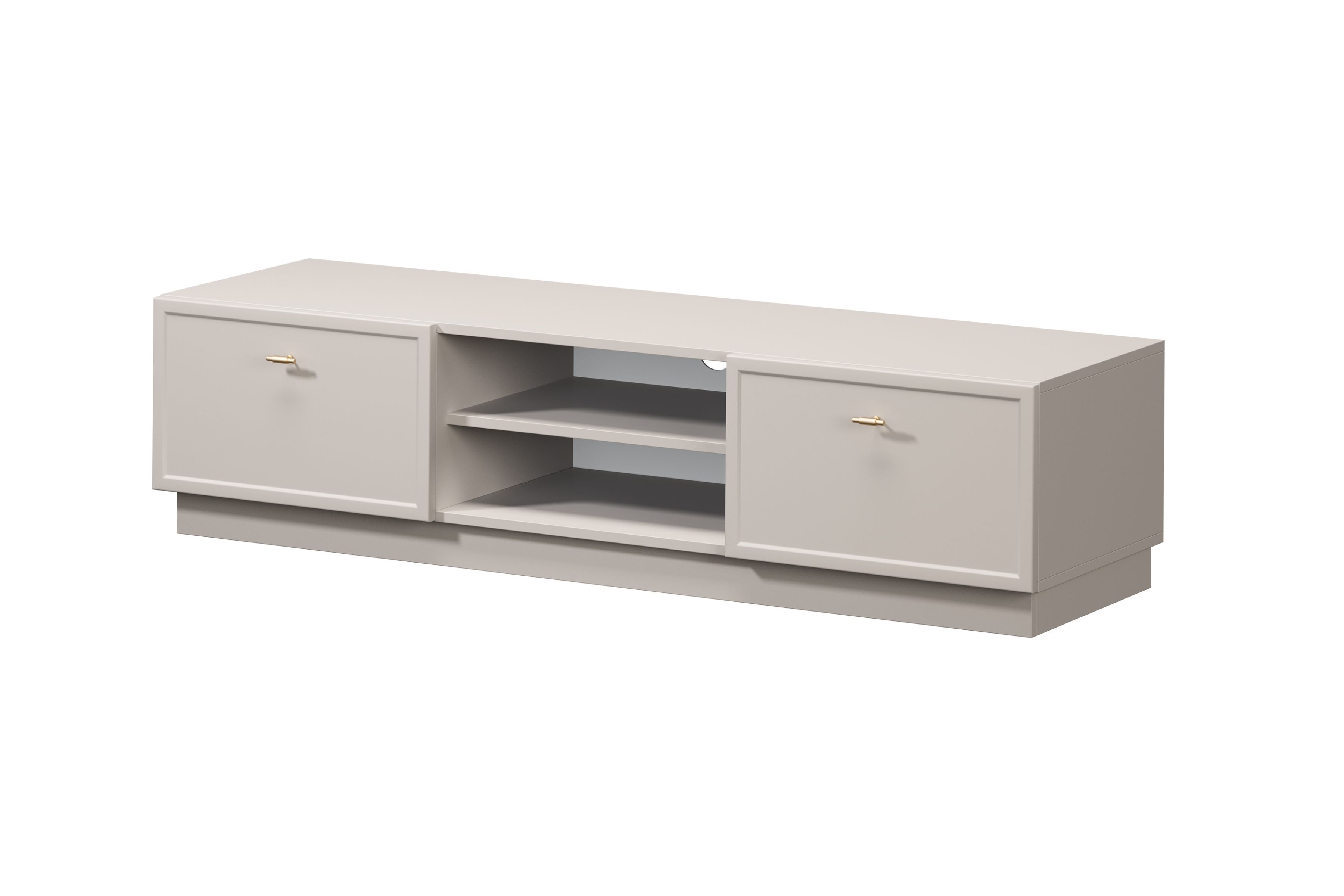 TV stolík Lorini 150 cm na sokli – kašmírová / zlaté úchytky T TV skrinka Lorini 150 cm so zásuvkami - kašmír / zlote úchyty T-bar