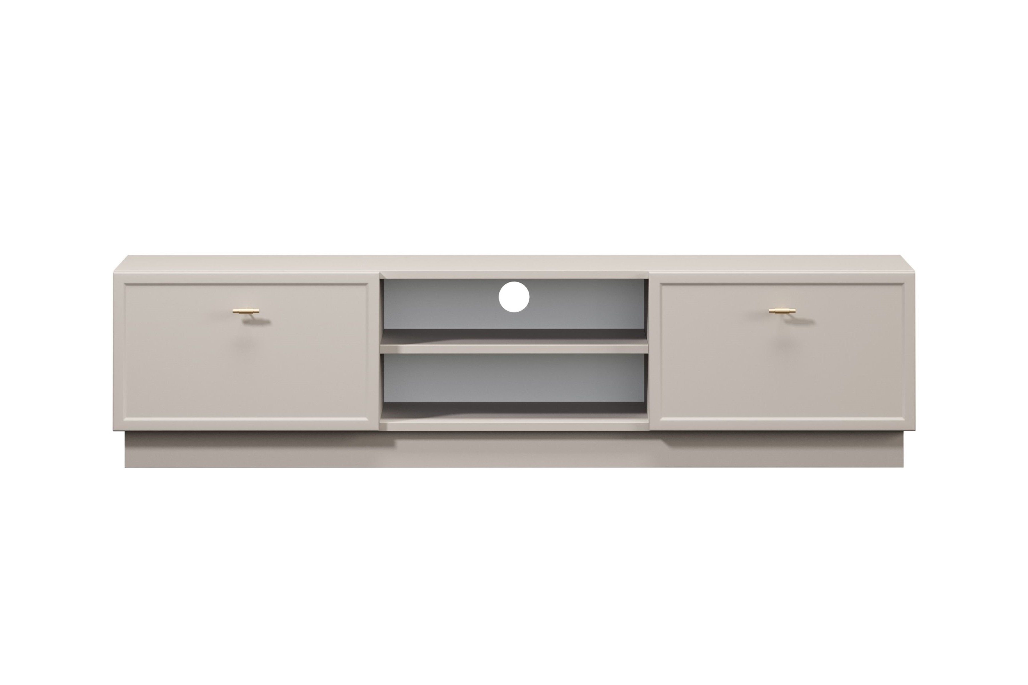 TV stolík Lorini 150 cm na sokli – kašmírová / zlaté úchytky T TV skrinka Lorini 150 cm so zásuvkami - kašmír / zlote úchyty T-bar