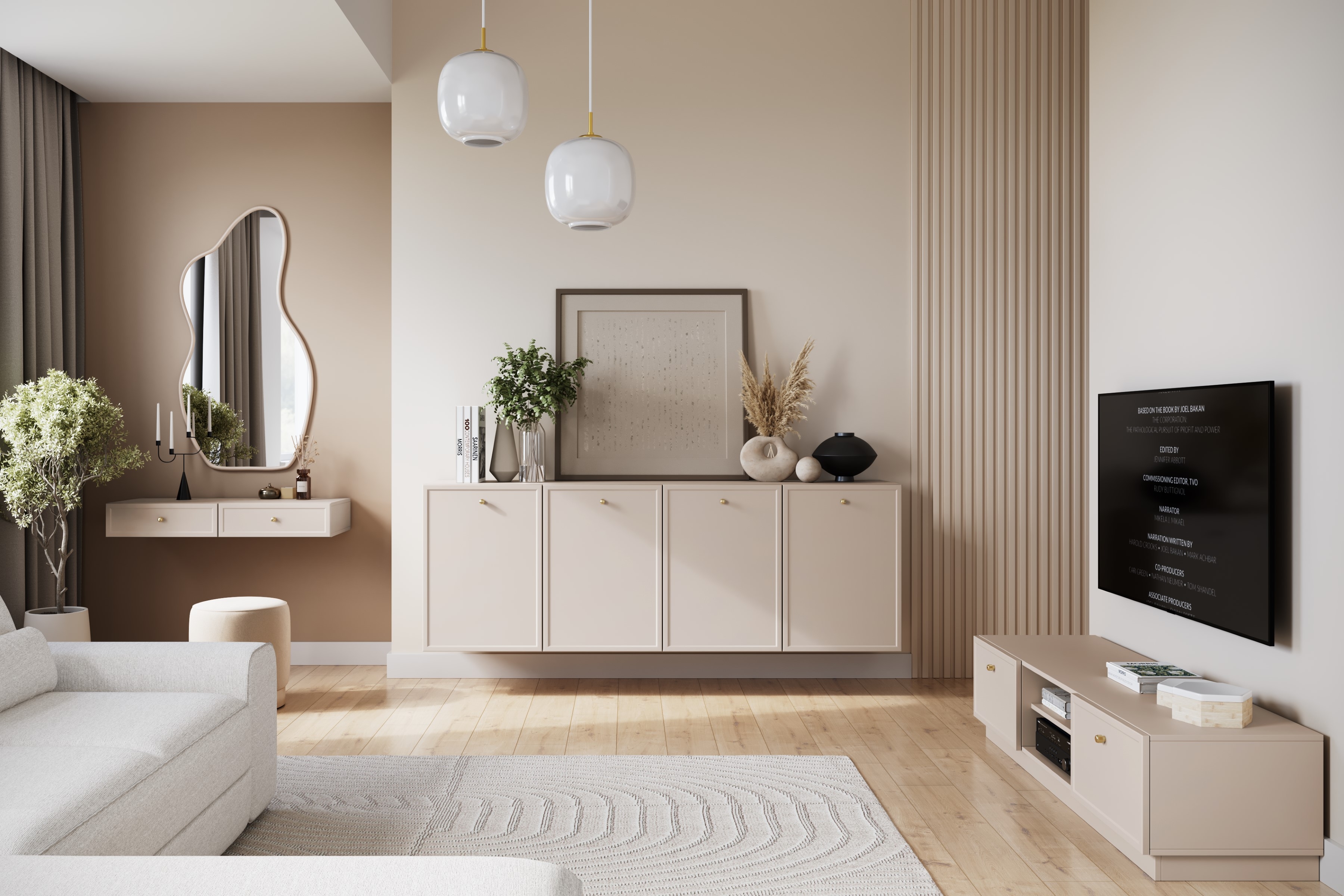 TV stolík Lorini 150 cm na sokli – kašmírová / zlaté úchytky G TV skrinka Lorini 150 cm so zásuvkami - kašmír / zlote úchyty