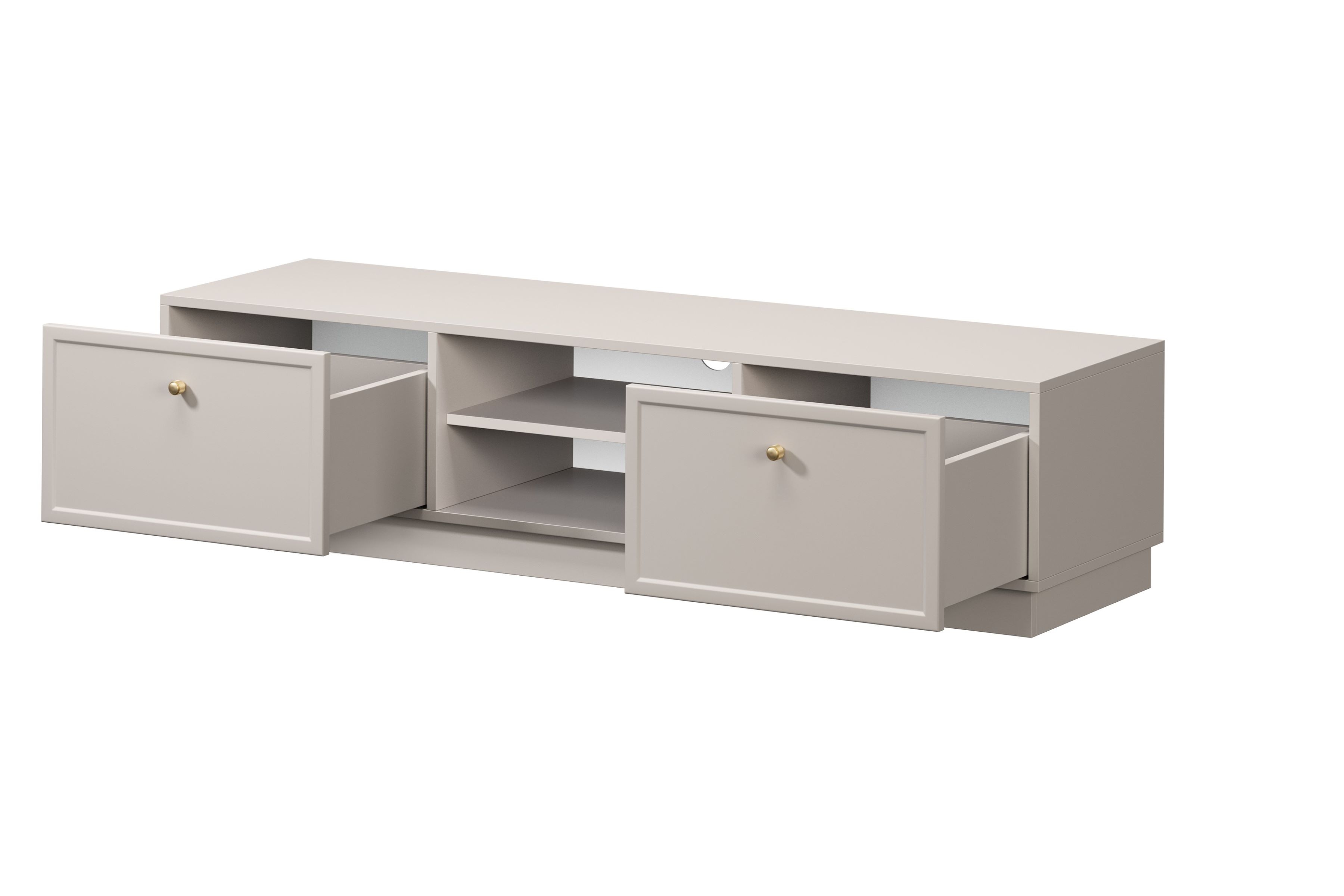 TV stolík Lorini 150 cm na sokli – kašmírová / zlaté úchytky G TV skrinka Lorini 150 cm so zásuvkami - kašmír / zlote úchyty
