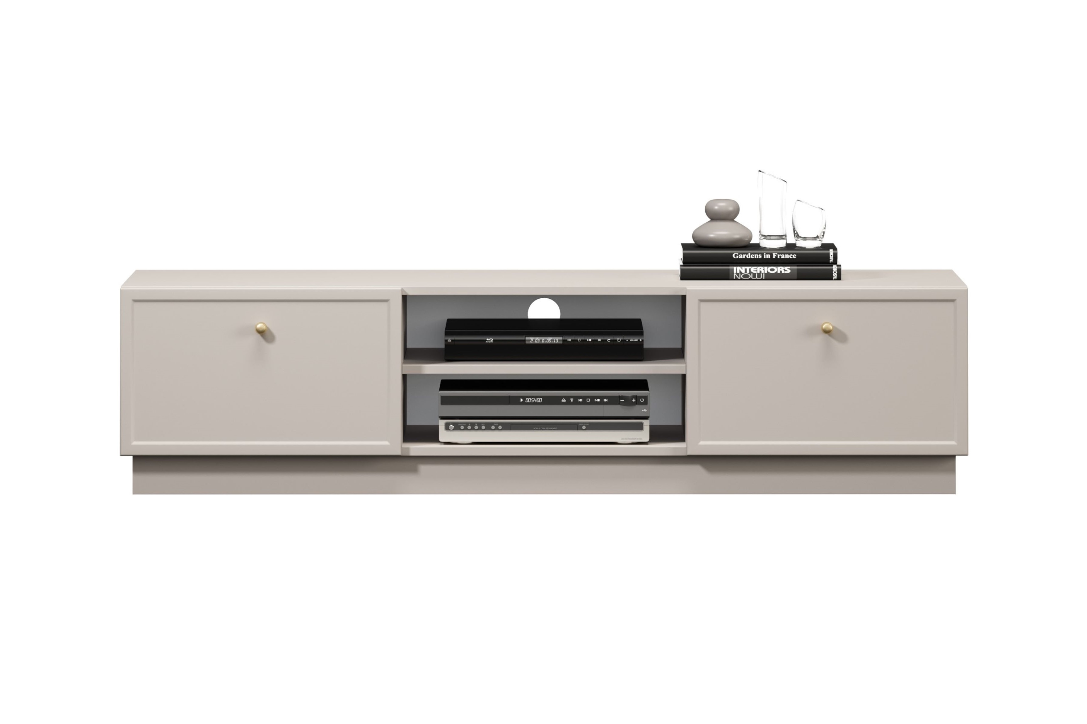 TV stolík Lorini 150 cm na sokli – kašmírová / zlaté úchytky G TV skrinka Lorini 150 cm so zásuvkami - kašmír / zlote úchyty