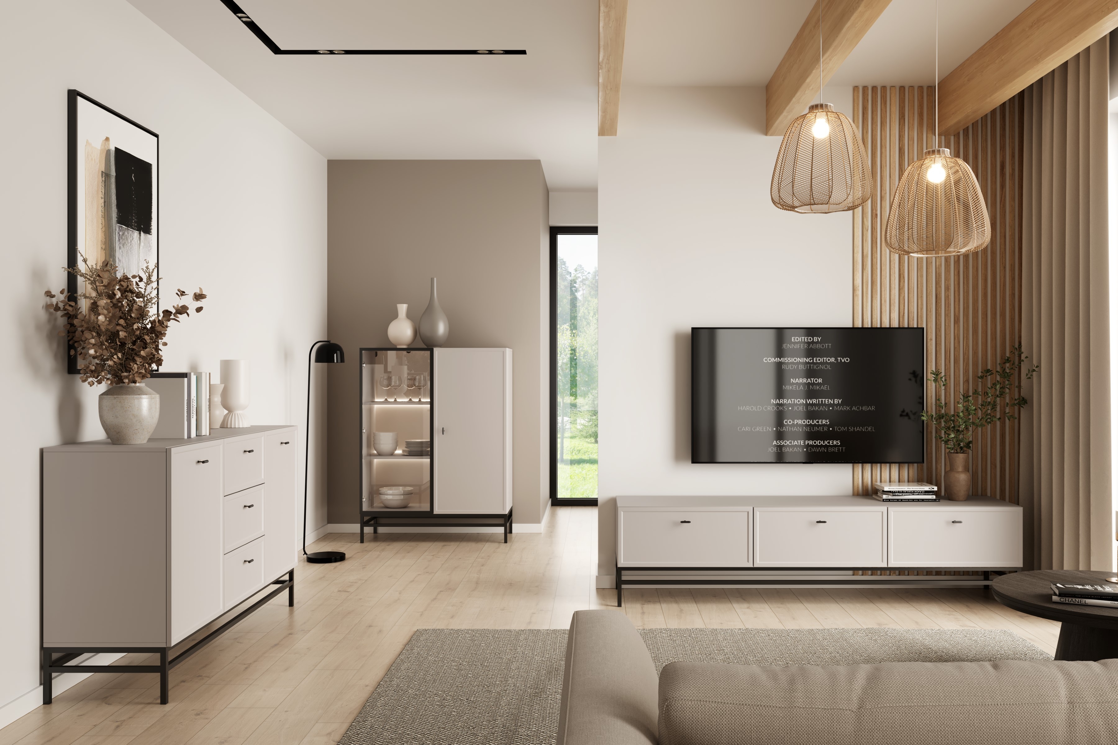 TV stolík Lorini 200 cm na stojane – kašmírová / čierna / úchytky T TV skrinka Lorini 200 cm so zásuvkami - kašmír / čierny úchyty T-bar / Rošt