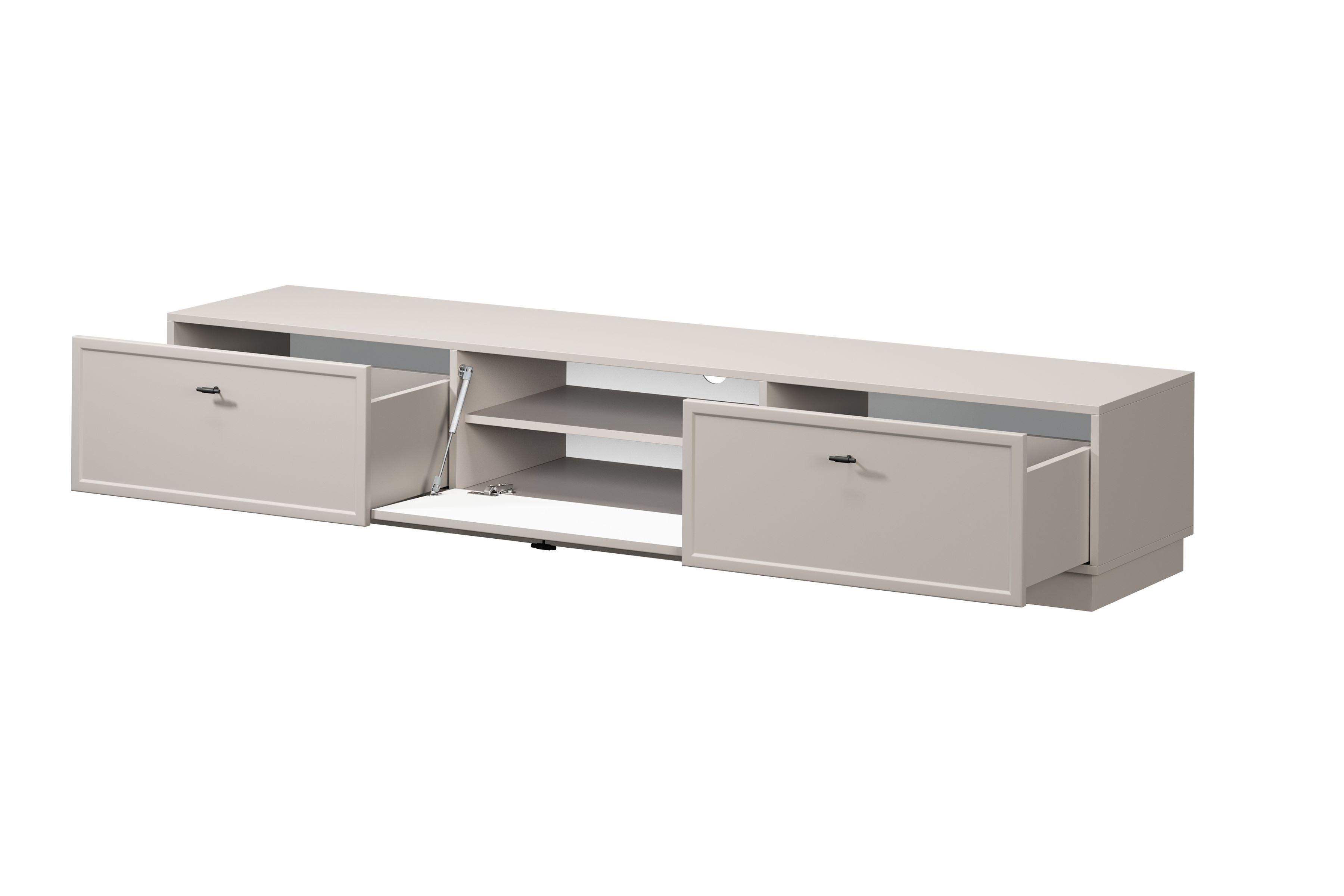 TV stolík Lorini 200 cm na sokli – kašmírová / čierna / úchytky T TV skrinka Lorini 200 cm so zásuvkami - kašmír / čierny úchyty T-bar