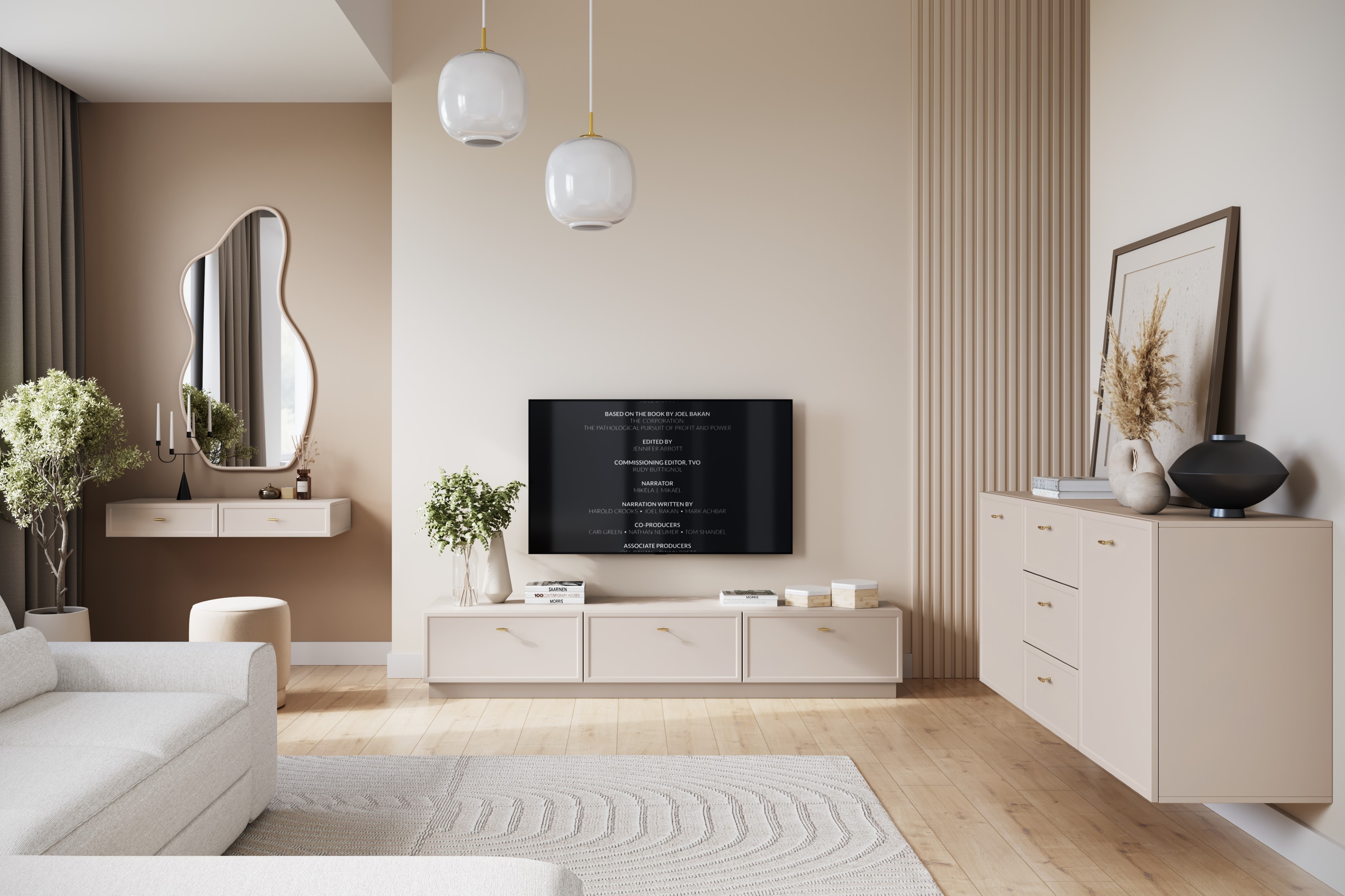 TV stolík Lorini 200 cm na sokli – kašmírová / zlatá / úchytky T TV skrinka Lorini 200 cm so zásuvkami - kašmír / zlote úchyty T-bar