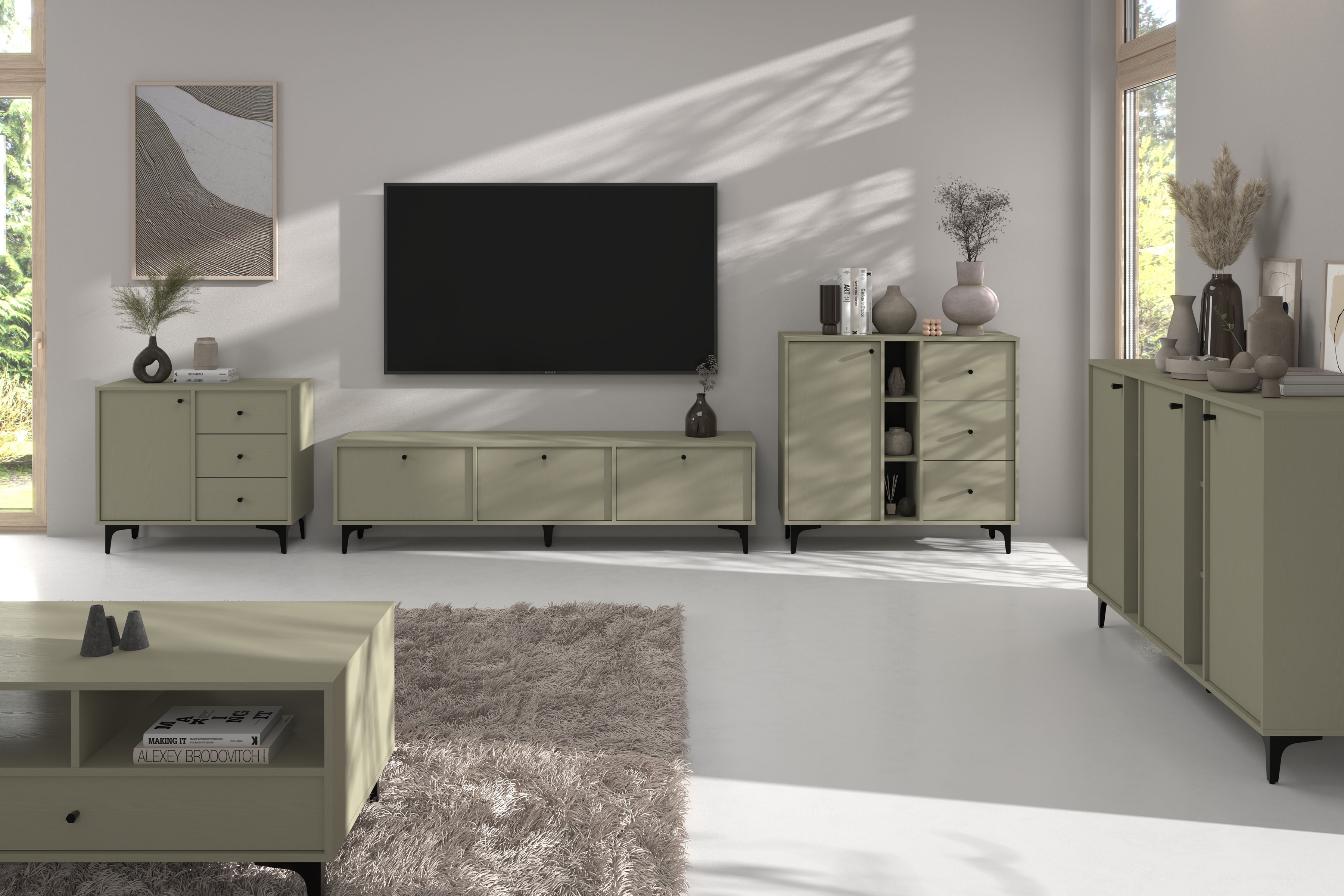 TV stolek Lotina I 3K 180 cm - eukalyptus / černé nožky Skříňka RTV Lotina I 3K - 180 cm - eukaliptus / černá Nohy