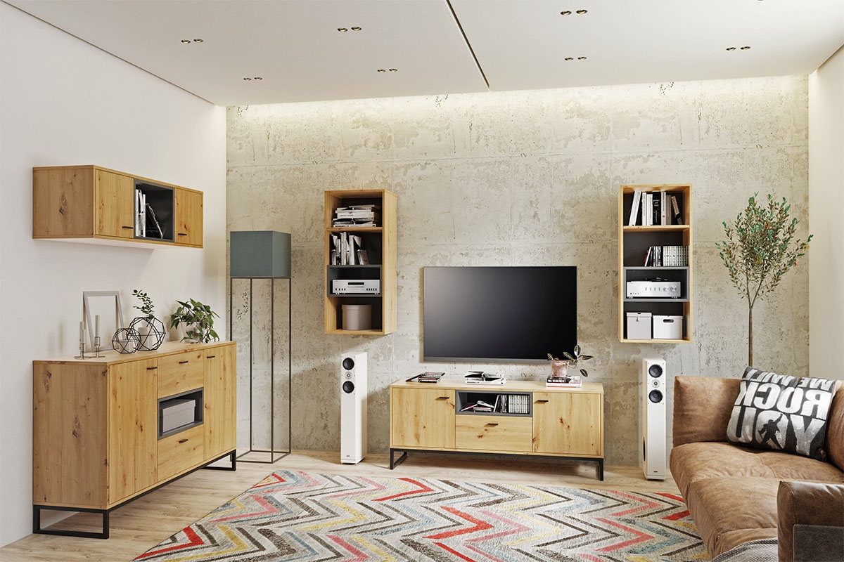 TV stolík Maleza - Dub artisan / Čierny TV skrinka so zásuvkou