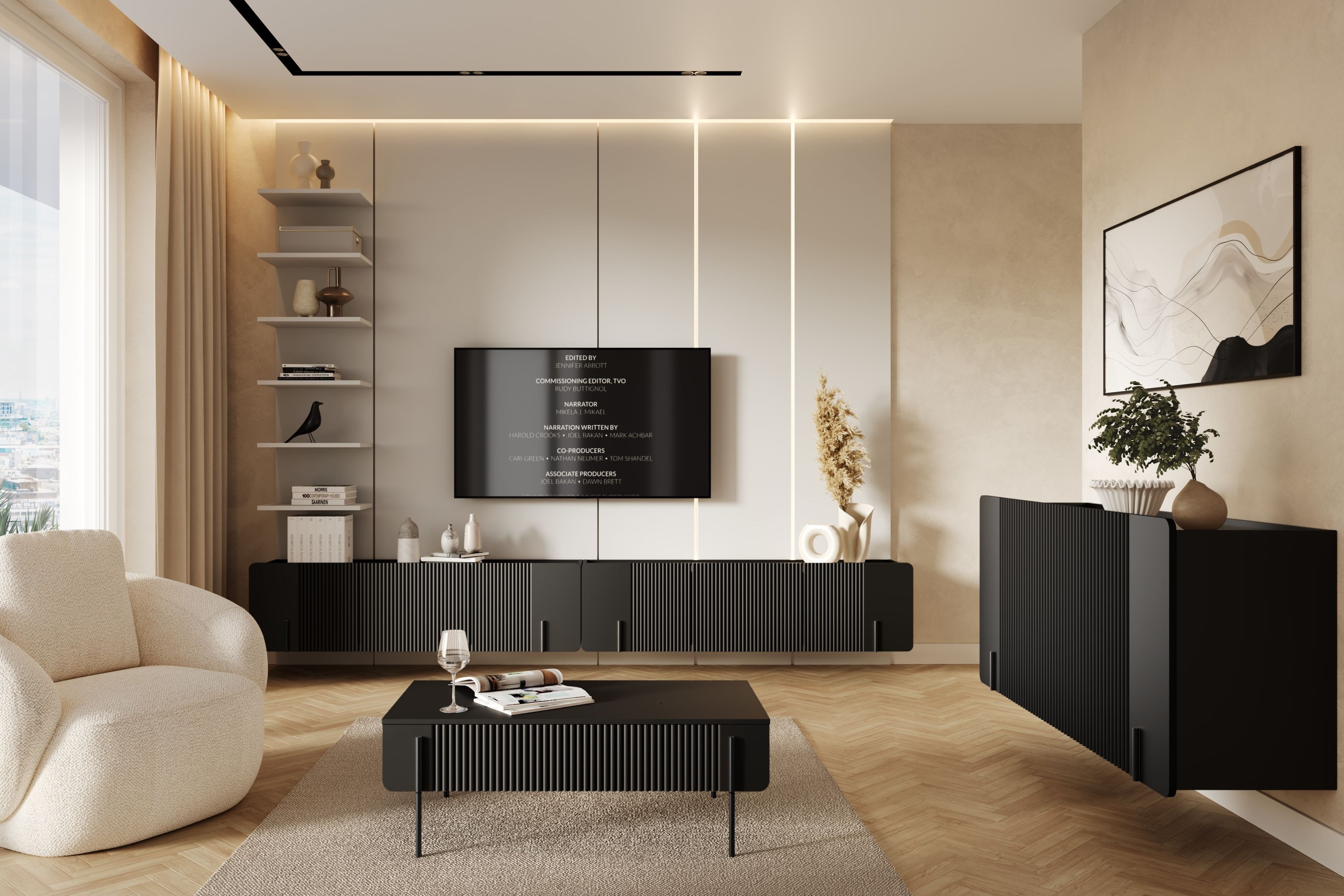 Závěsný TV stolek Malmi 150 cm - černý mat / černá skříňka RTV Malmi 150 cm závěsná - černá mat / černá