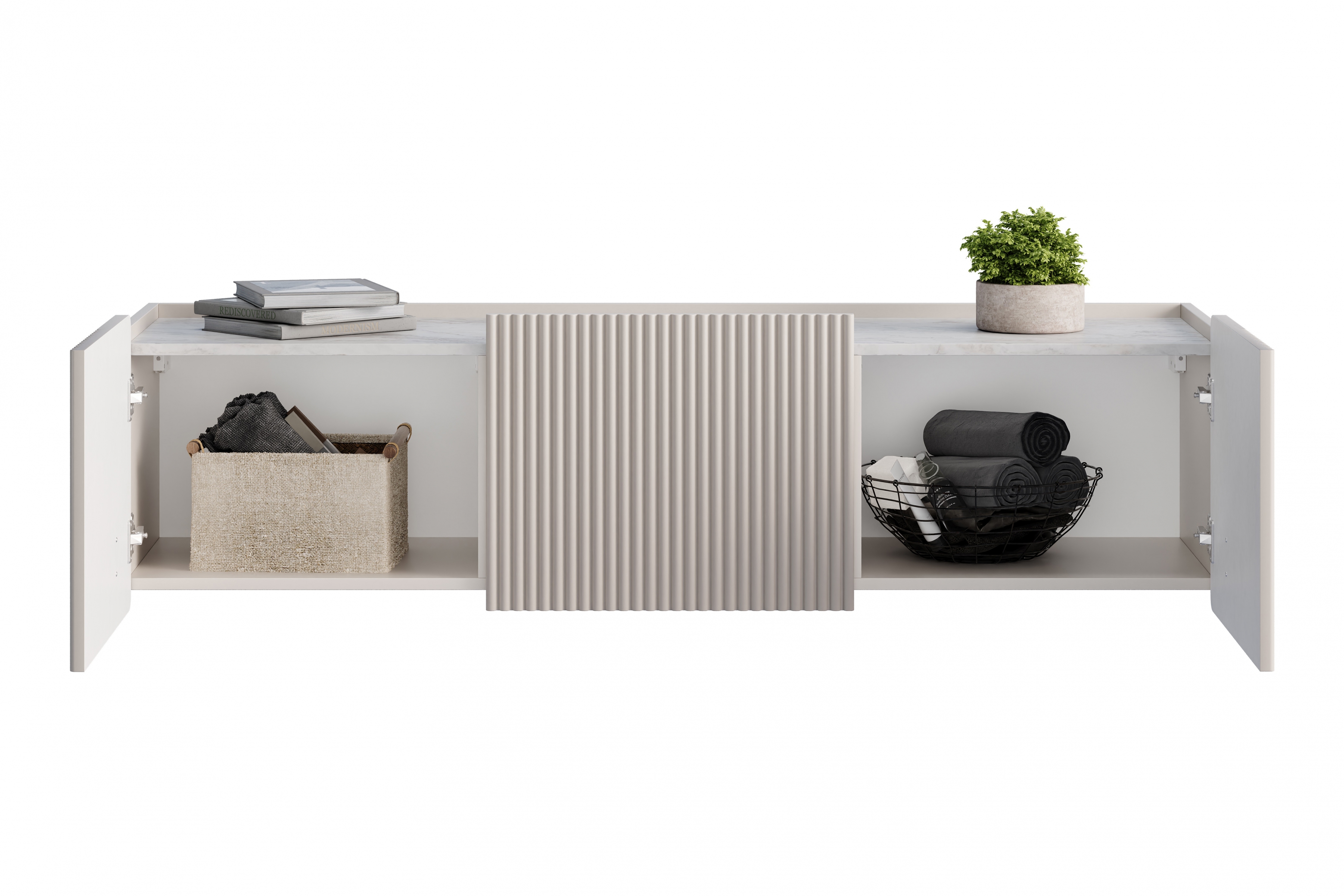 Závesný TV stolík Malmi 150 cm - kašmírová / crema bianca / čierna TV skrinka Malmi 150 cm závesná - kašmír / crema bianca / Čierny