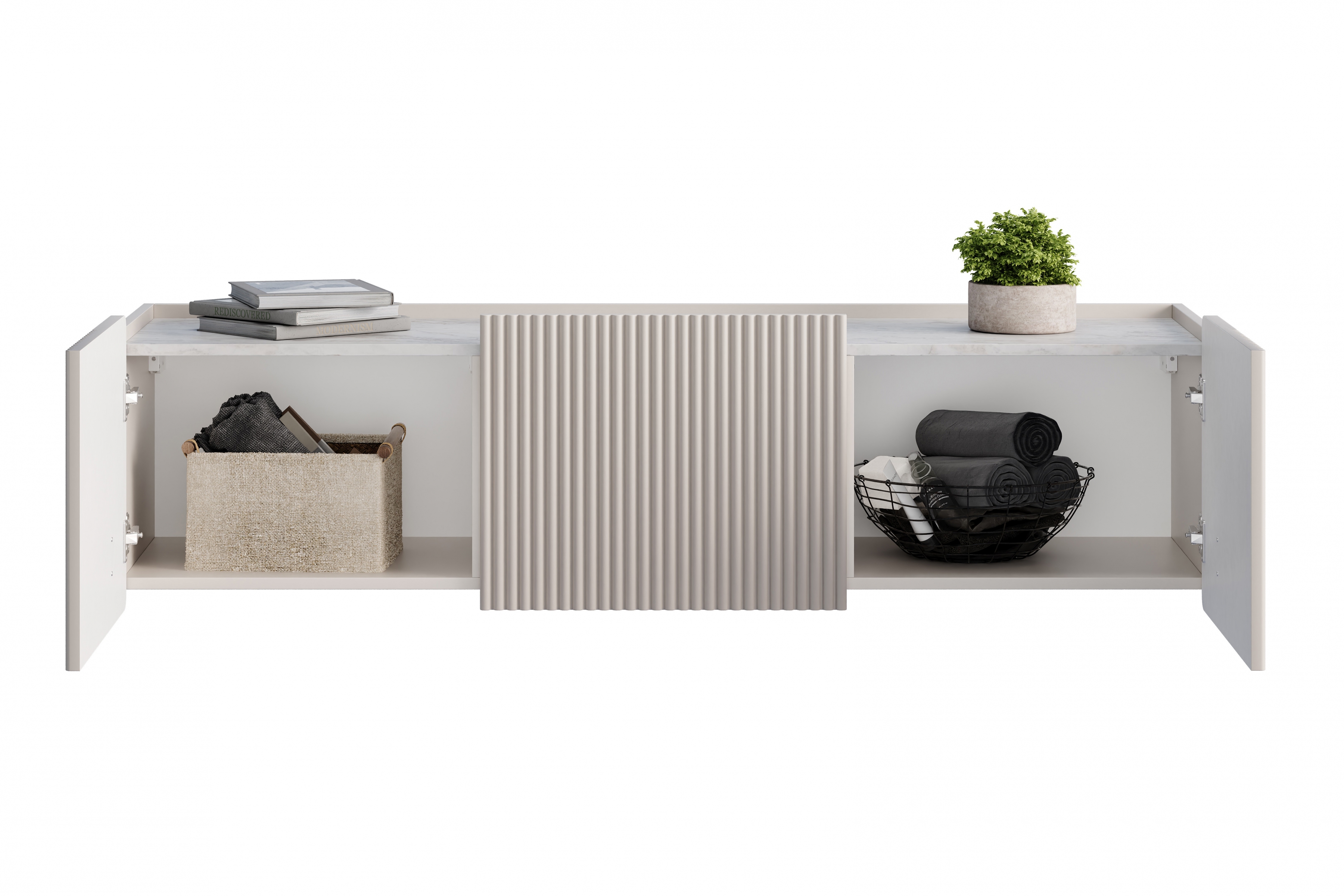 Závesný TV stolík Malmi 150 cm - kašmírová / crema bianca / zlatá TV skrinka Malmi 150 cm závesná - kašmír / crema bianca / zlaté