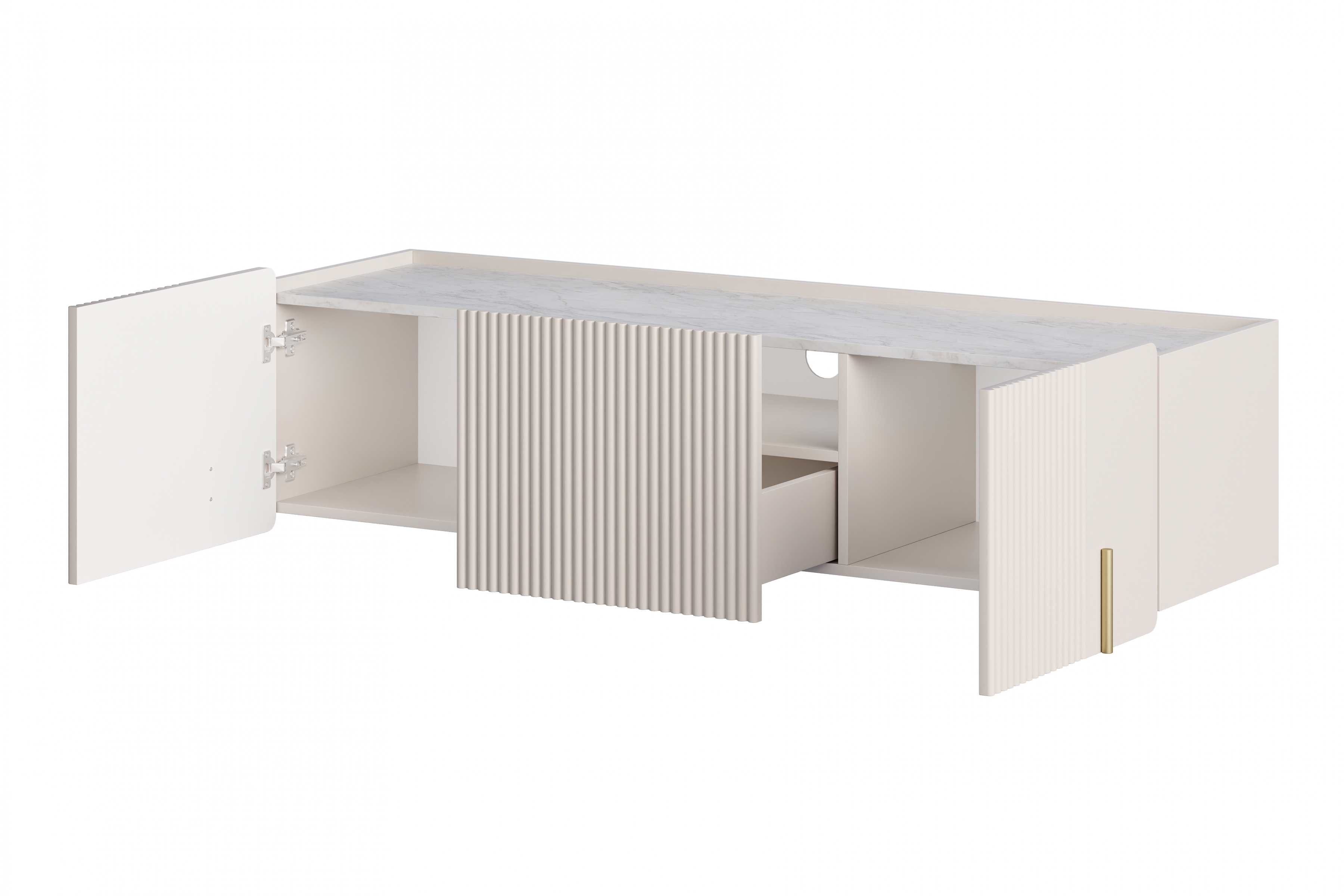 Závesný TV stolík Malmi 150 cm - kašmírová / crema bianca / zlatá TV skrinka Malmi 150 cm závesná - kašmír / crema bianca / zlaté