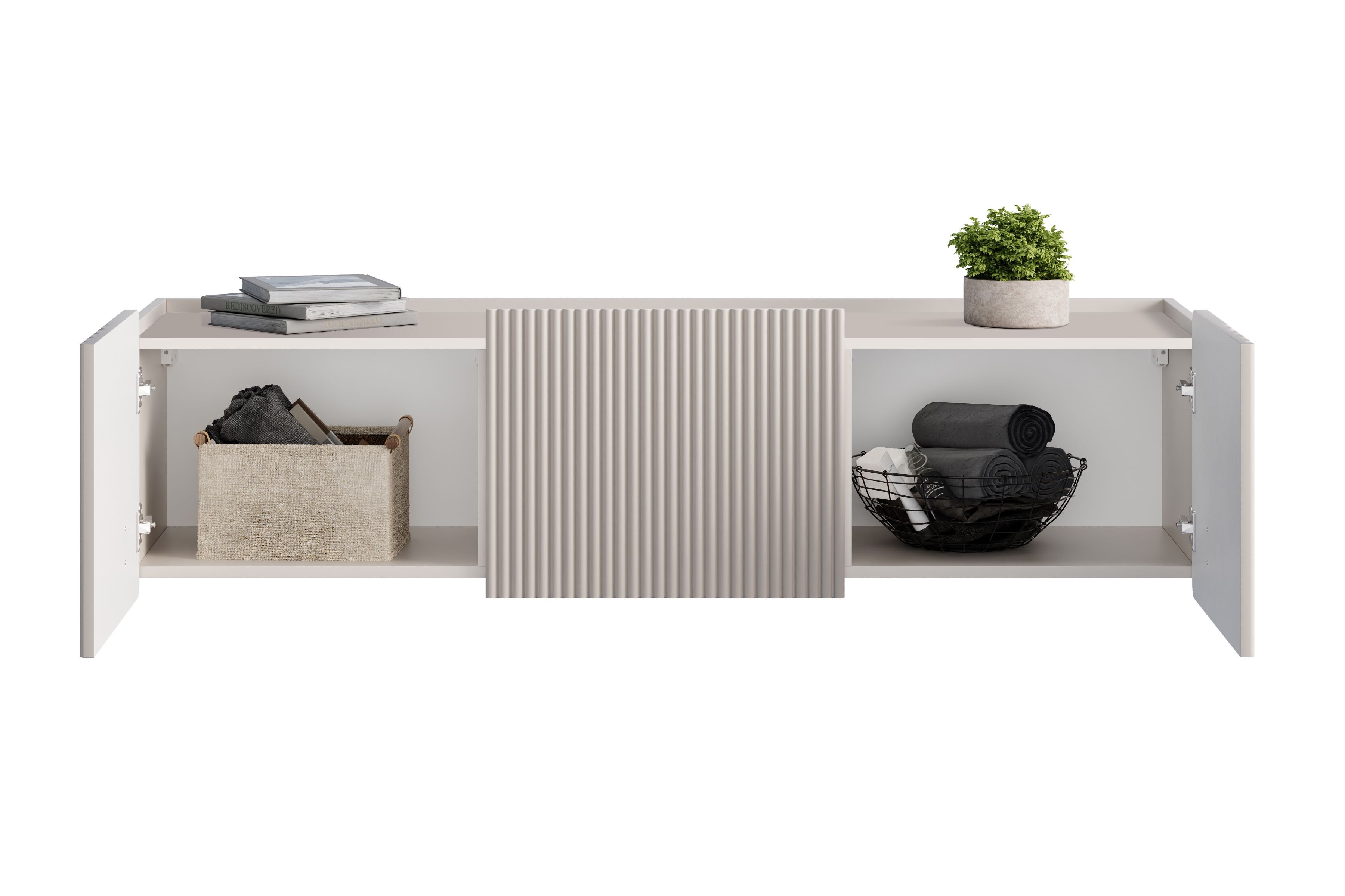 Závěsný TV stolek Malmi 150 cm - kašmírová / černá skříňka RTV Malmi 150 cm závěsná - kašmír / černá