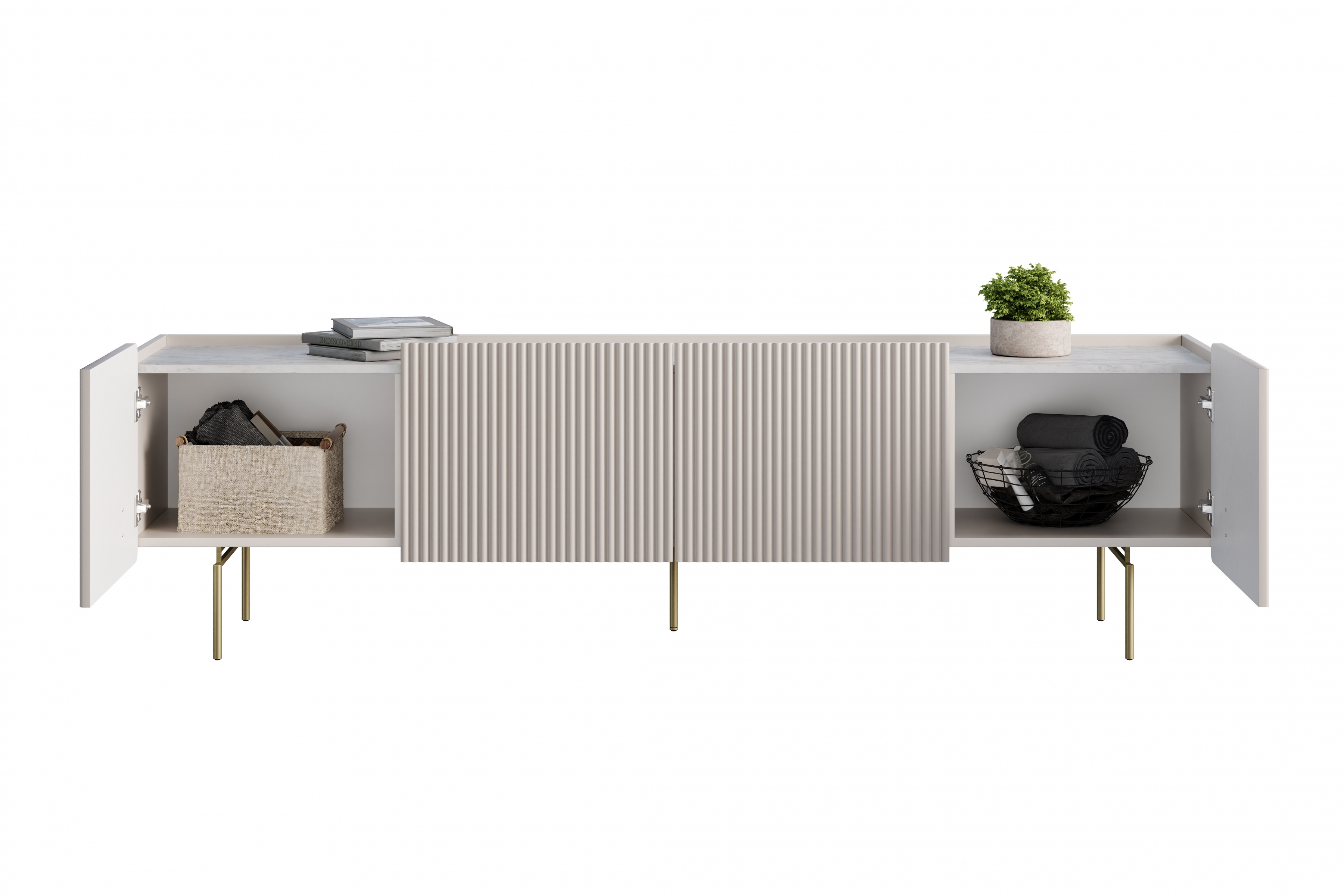 TV stolek Malmi 200 cm - kašmírový / crema bianca / zlaté nožky skříňka RTV Malmi 200 cm - kašmír / crema bianca / zlote nozki