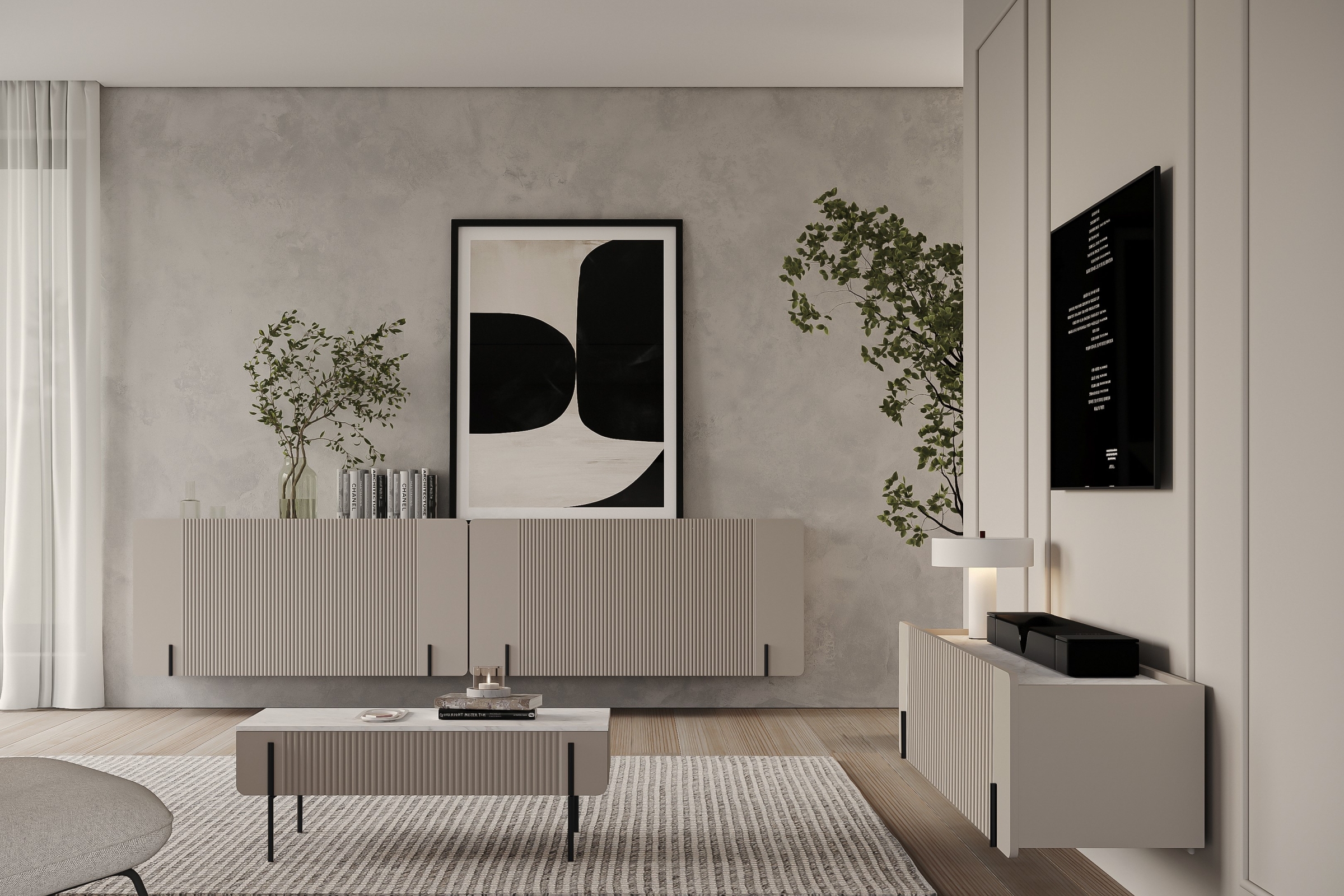 Závesná TV skrinka Malmi 200 cm – kašmír / crema bianca / čierna TV skrinka Malmi 200 cm závesná - kašmír / crema bianca / Čierny