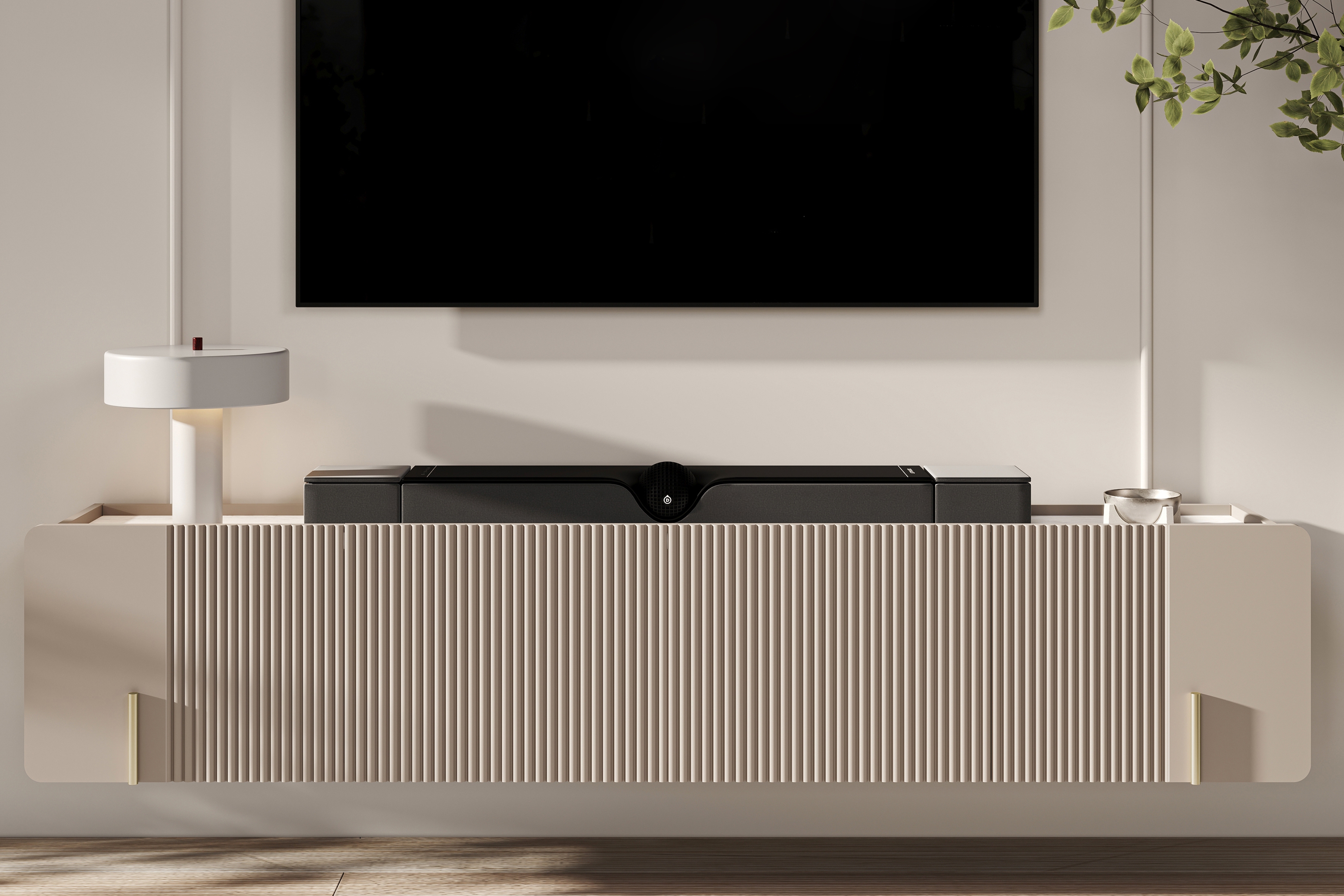 Závesný TV stolík Malmi 200 cm - kašmírová / crema bianca / zlatá TV skrinka Malmi 200 cm závesná - kašmír / crema bianca / zlaté